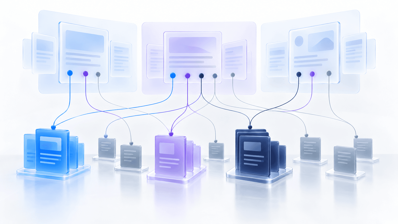 Illustration of AI search source cards connecting domains and pages to observed answers.