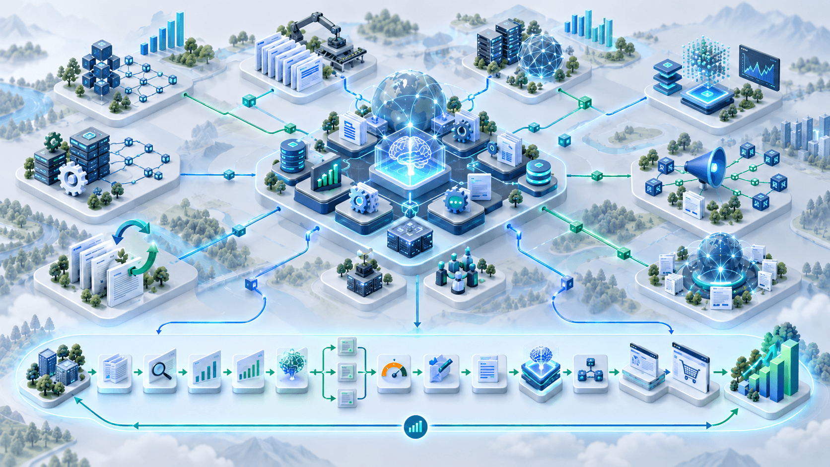 AI SEO automation ecosystem showing multiple alternative growth architectures and one focused evidence-to-execution workflow