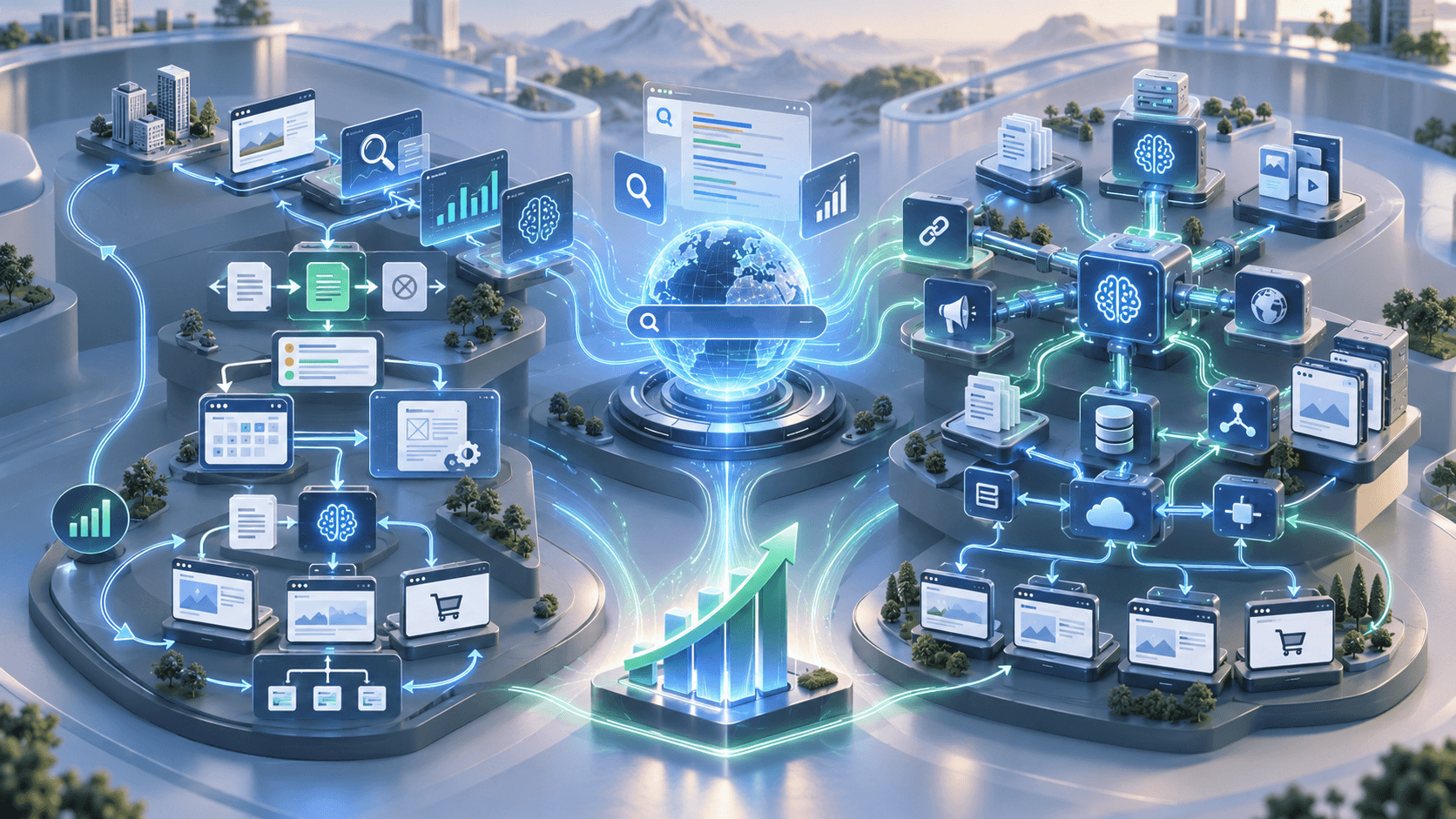 Two autonomous AI SEO architectures comparing evidence-driven website planning with broad multi-site automation