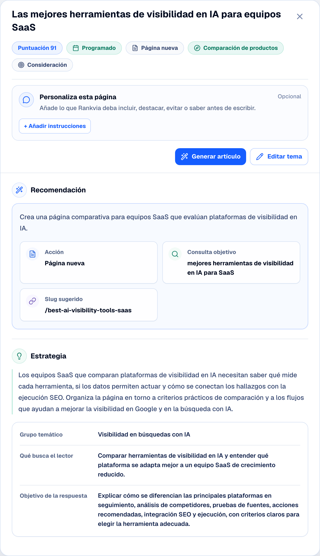 Plan de página de Rankvia con una oportunidad de visibilidad en IA, recomendación, estrategia y control de generación.