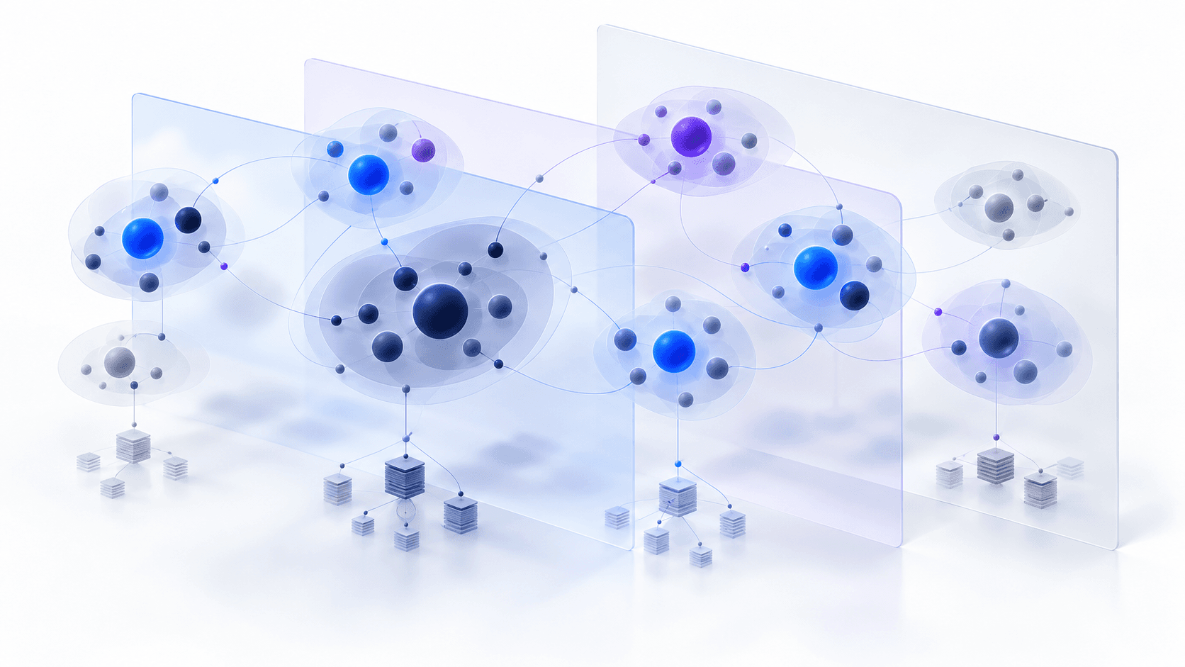 Illustration of AI-search competitor groups, source networks, and buyer-question evidence being compared.