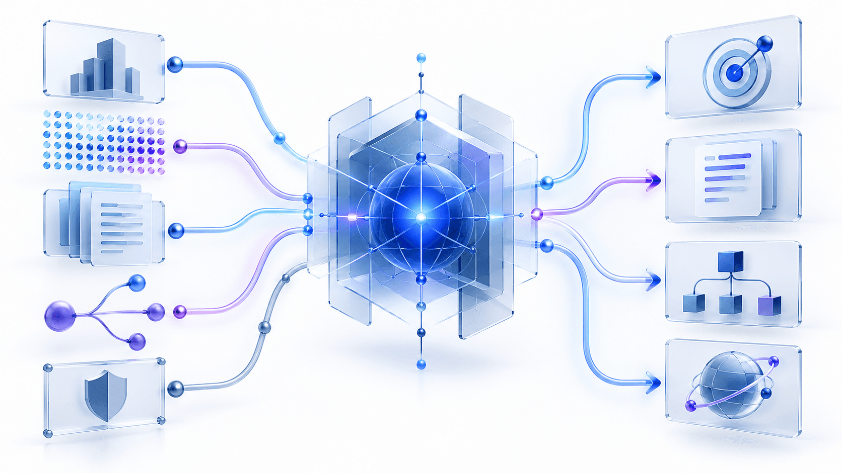 Illustration of SEO and AI-search evidence flowing through a central analysis system into prioritized actions.
