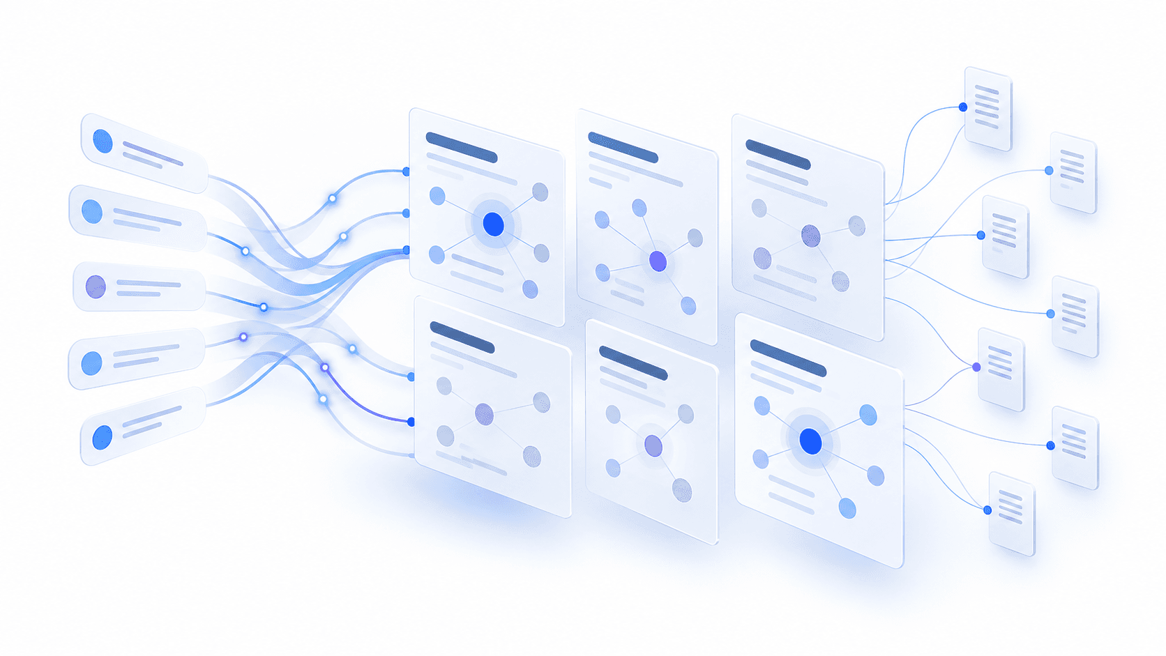 Illustration of buyer questions flowing through AI answer systems and connecting to source pages.