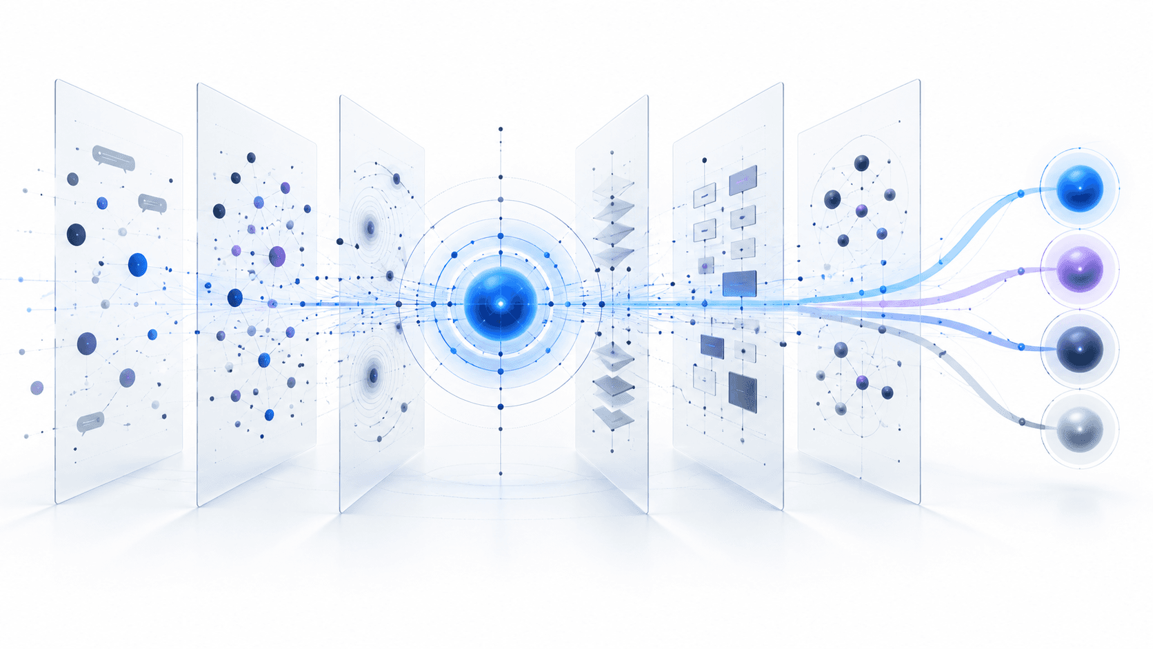 Illustration of an AI search audit that turns buyer-question, source, and competitor evidence into prioritized outcomes.