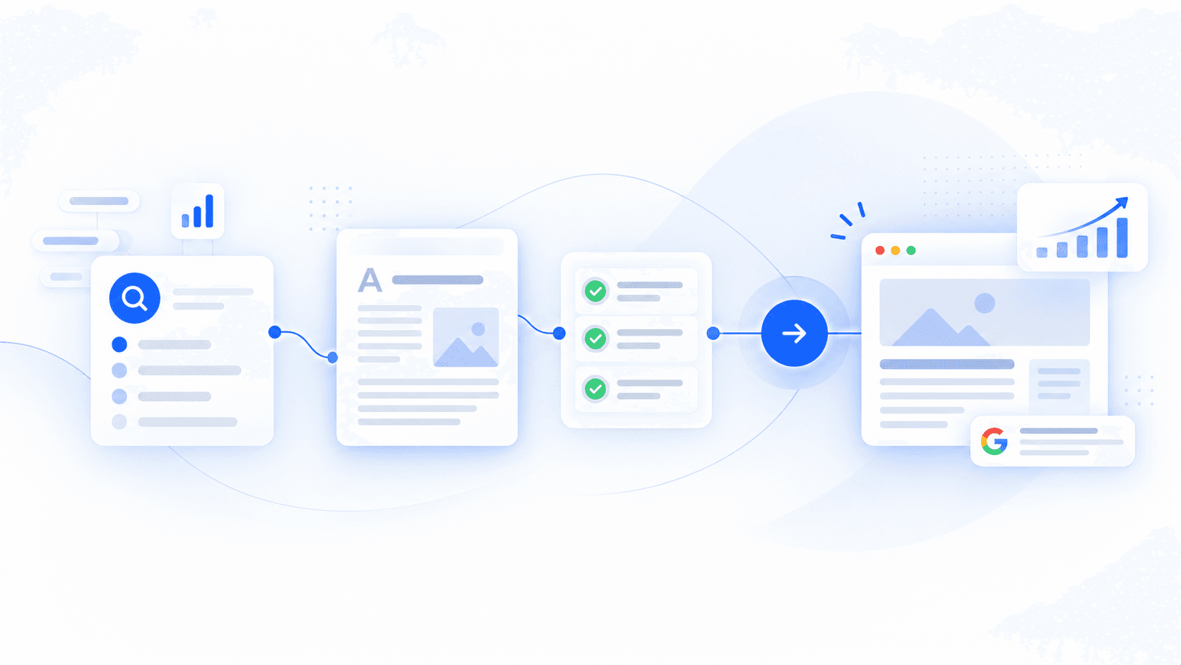 Automated SEO publishing workflow from search opportunity through content quality checks to website publication