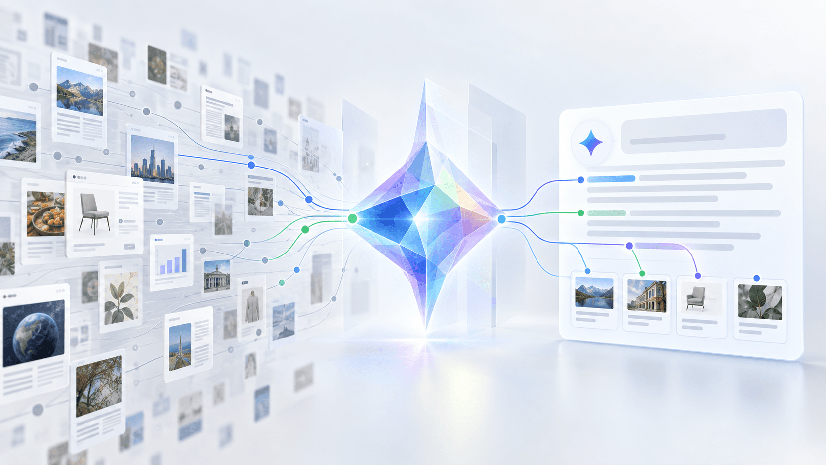 Illustration of web sources being selectively grounded into a Gemini-style AI answer with source connections.