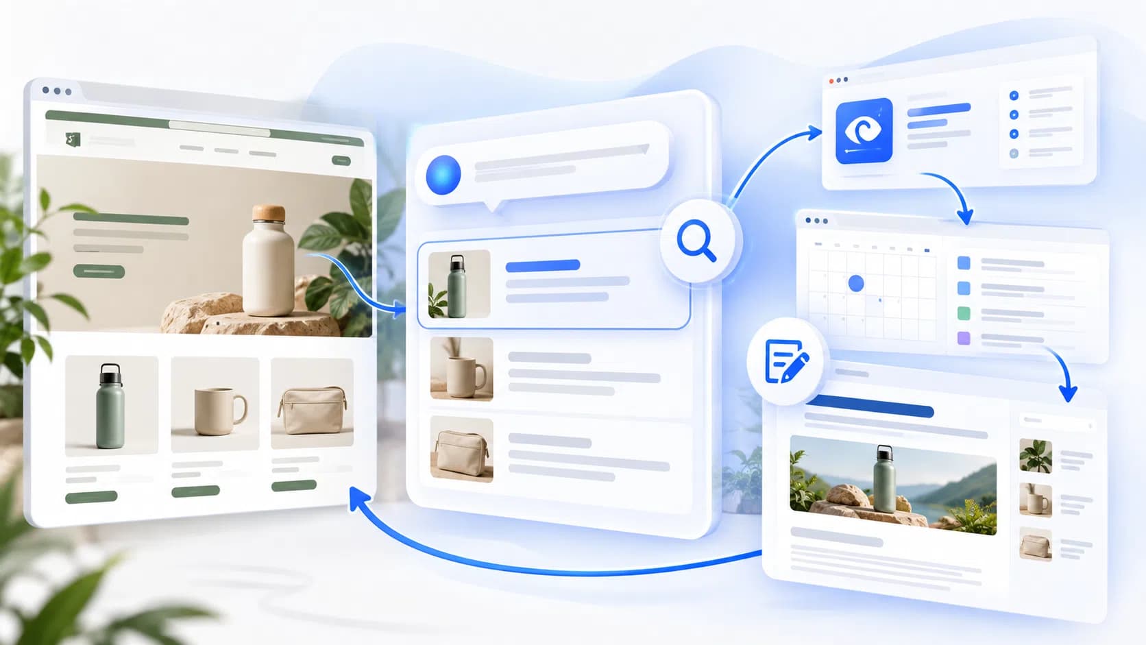 Illustration of a Shopify storefront, an AI shopping answer, and a connected content research and publishing workflow