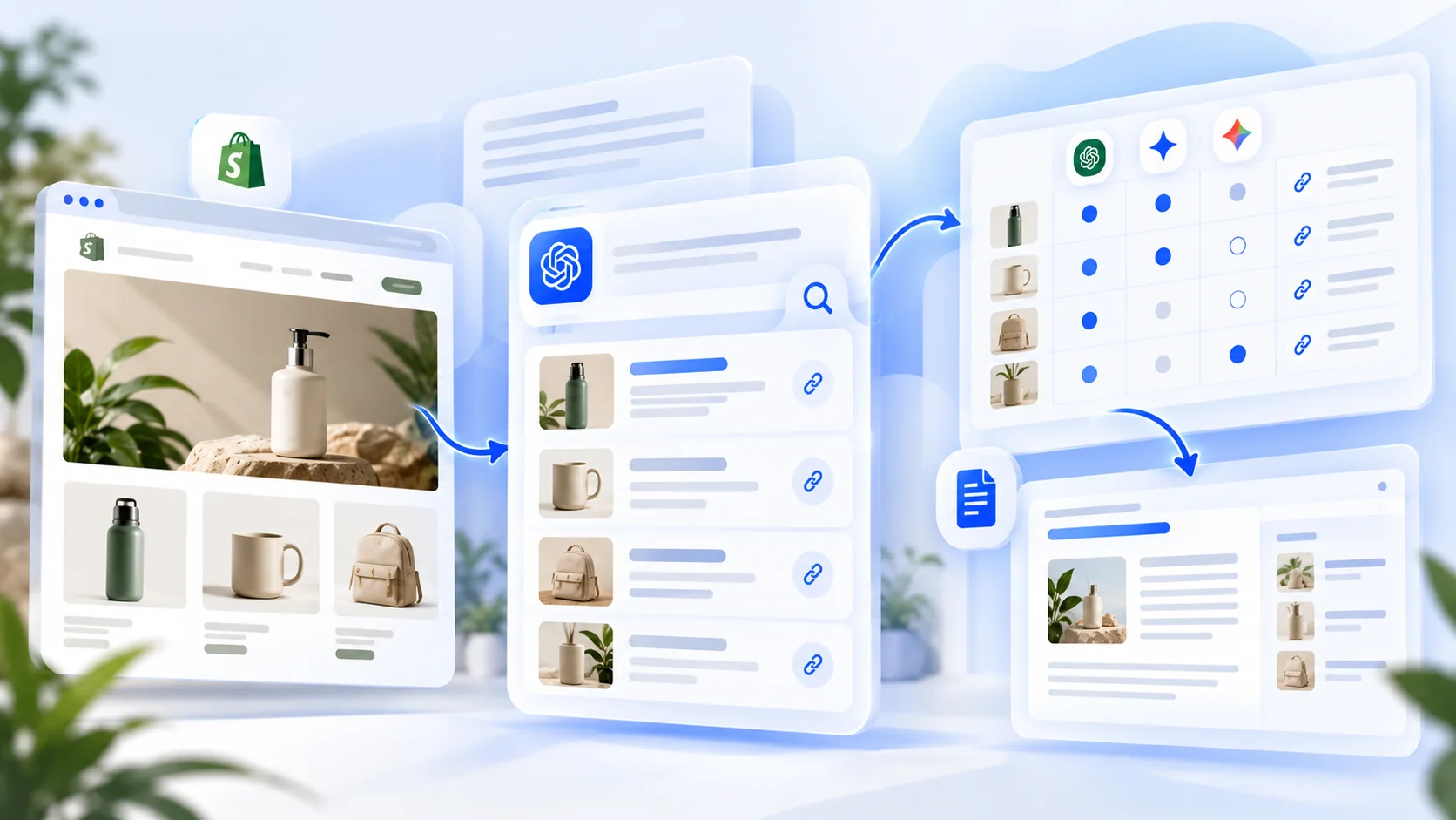 Illustration d'une boutique Shopify, de résultats d'achat par IA, d'une comparaison de visibilité et d'un plan de contenu