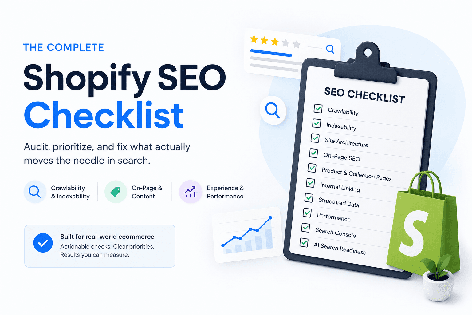 Illustration showing a Shopify SEO checklist for crawlability, indexability, site architecture, on-page SEO, product and collection pages, internal linking, structured data, performance, Search Console, and AI search readiness.