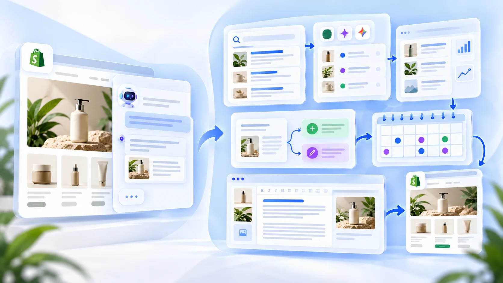 Ilustración de Shopify y un asistente de IA conectados con investigación SEO, decisiones de contenido, calendario y publicación