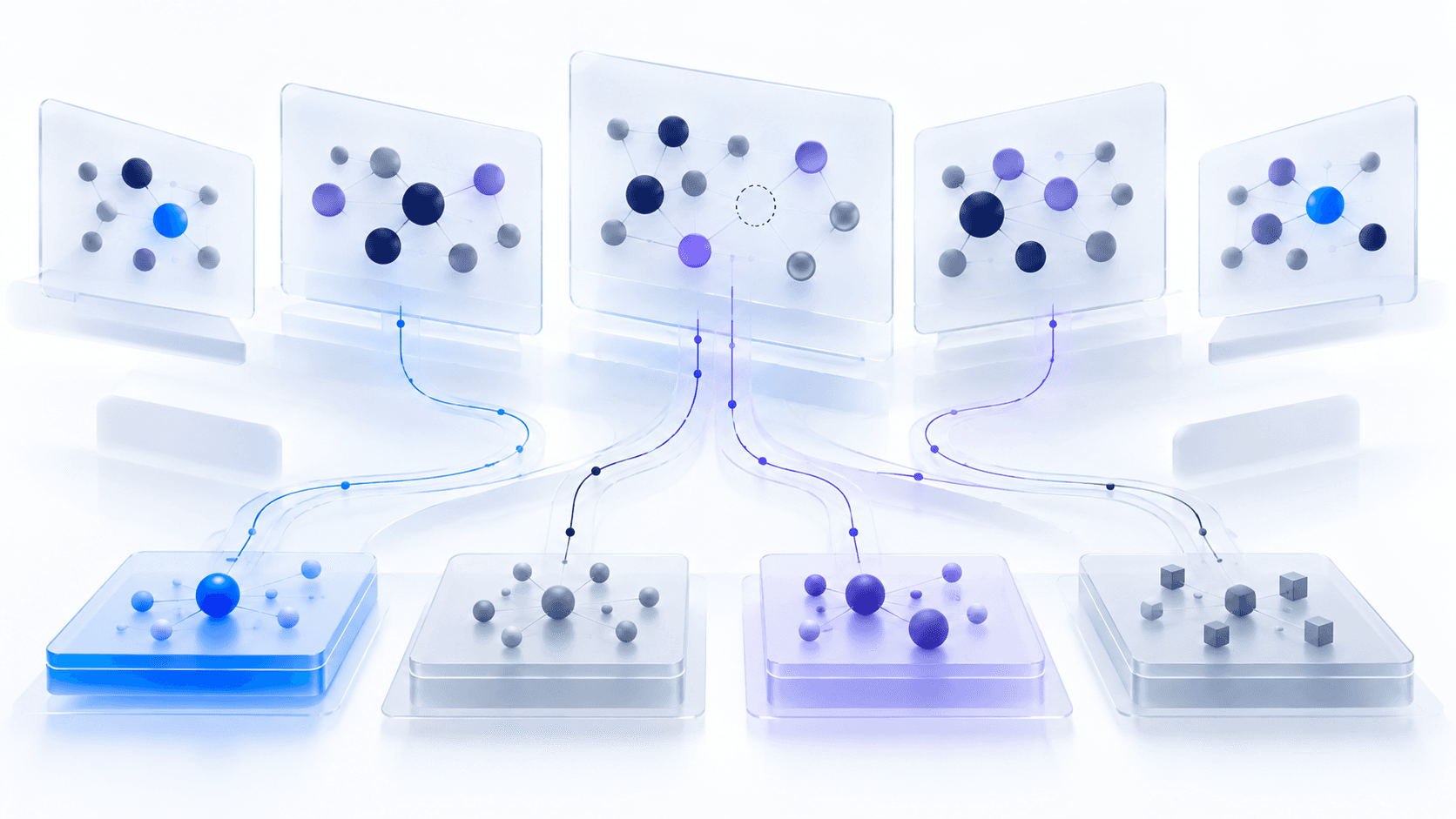 Illustration of AI answers and source signals being diagnosed across several buyer-question paths.