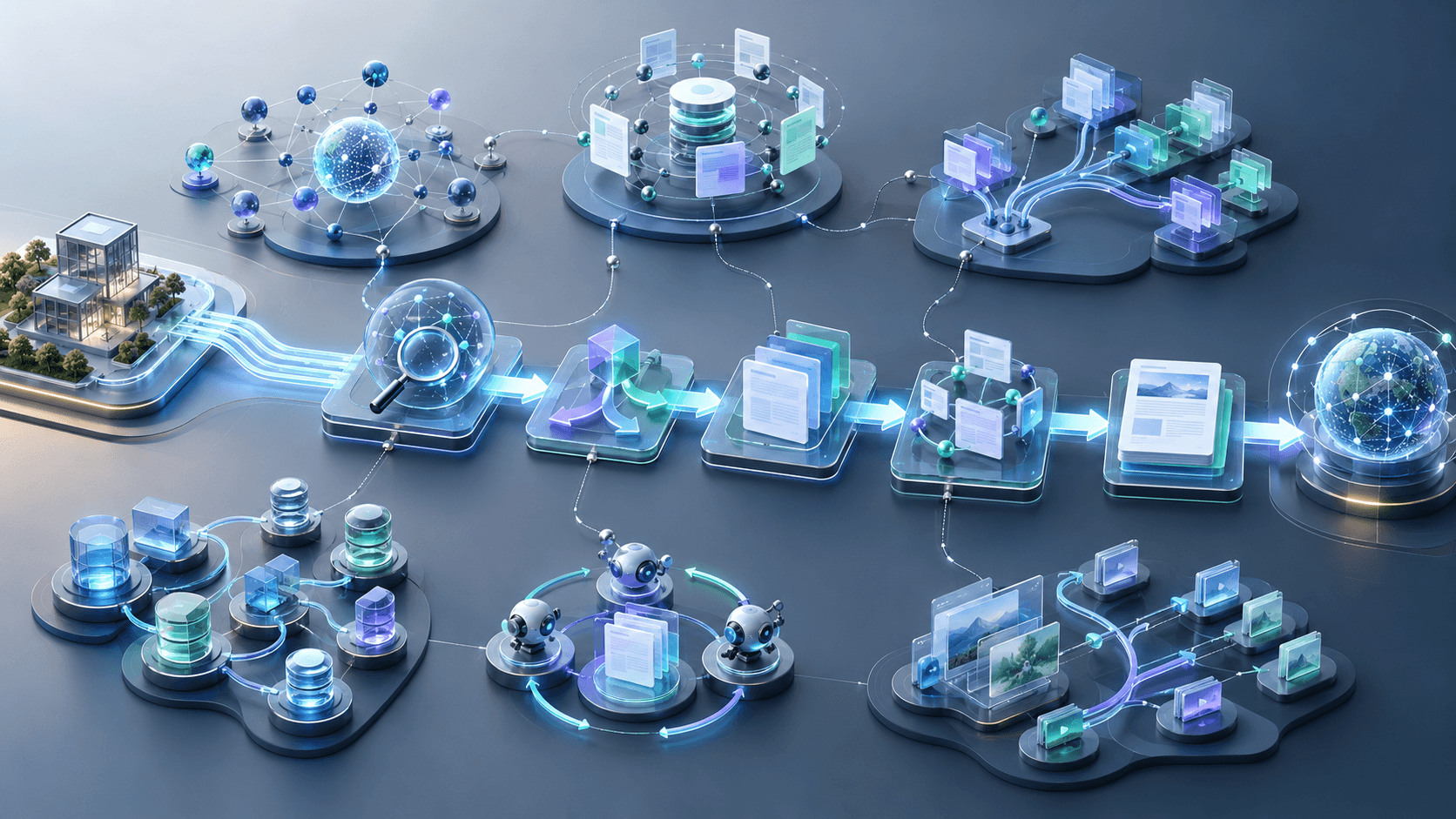 Abstract network of search signals, content workflows and a connected path from website opportunities to published pages.