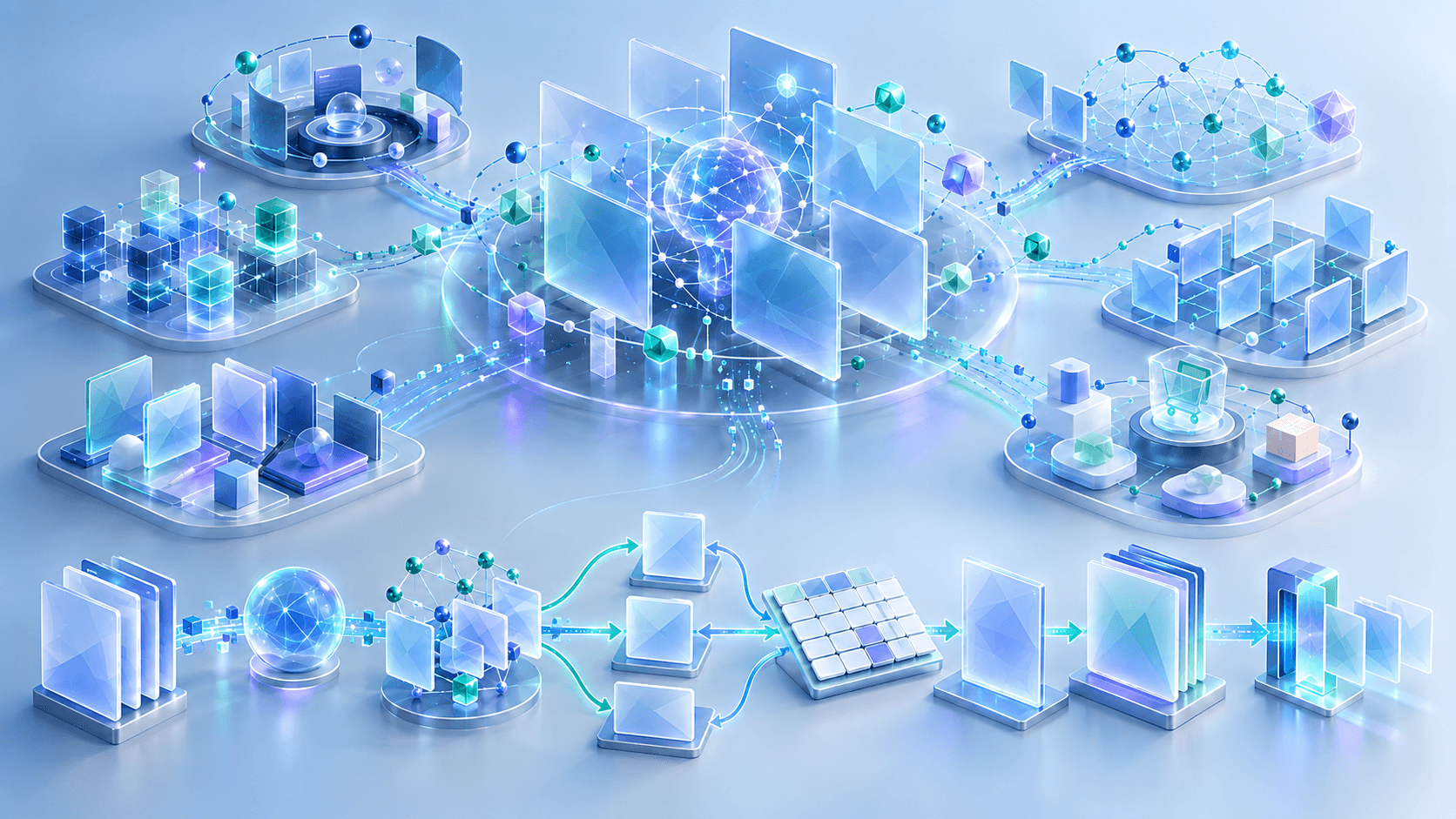 Abstract AI search ecosystem with distinct monitoring, source, commerce and site publishing pathways.