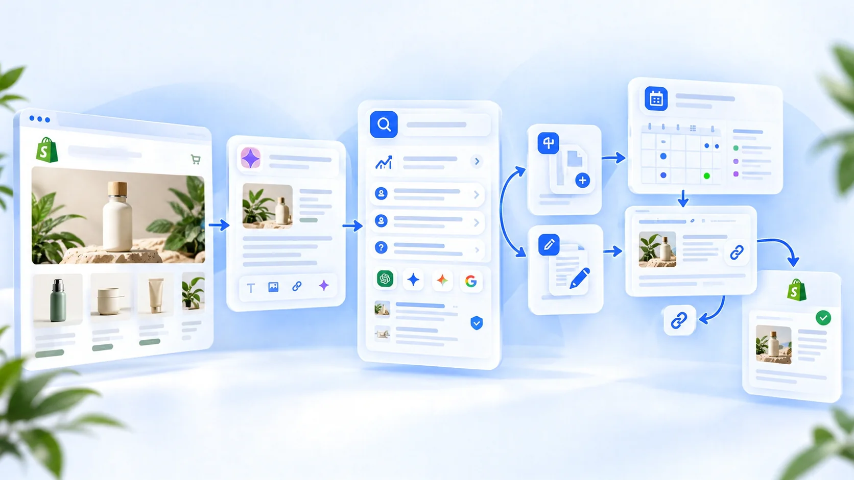 Conceptual illustration of Shopify research, content decisions and publishing for the Avada Blog SEO alternatives guide.