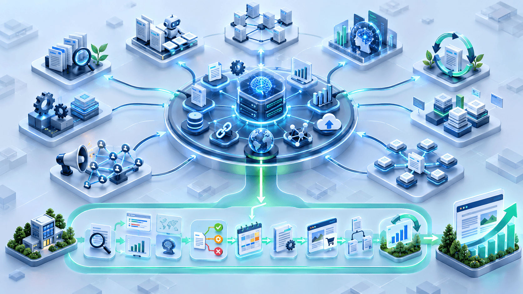 AI SEO growth ecosystem showing multiple alternative operating models and an evidence-to-execution workflow