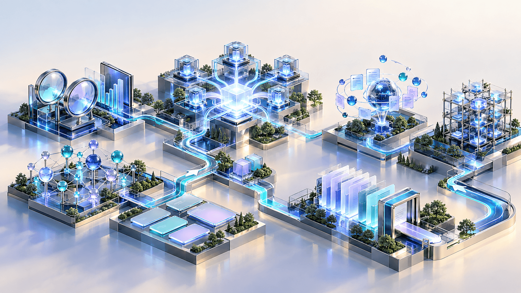 Abstract 3 D ecosystem of SEO agents, search analytics, AI-answer monitoring and content production connected by a website-growth pathway.