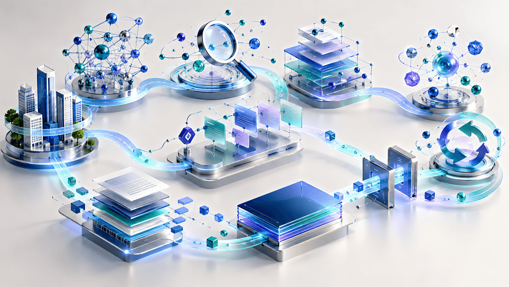 Abstract semantic, research and content systems connected by a website-growth pathway from opportunities to planned pages, links and publication.
