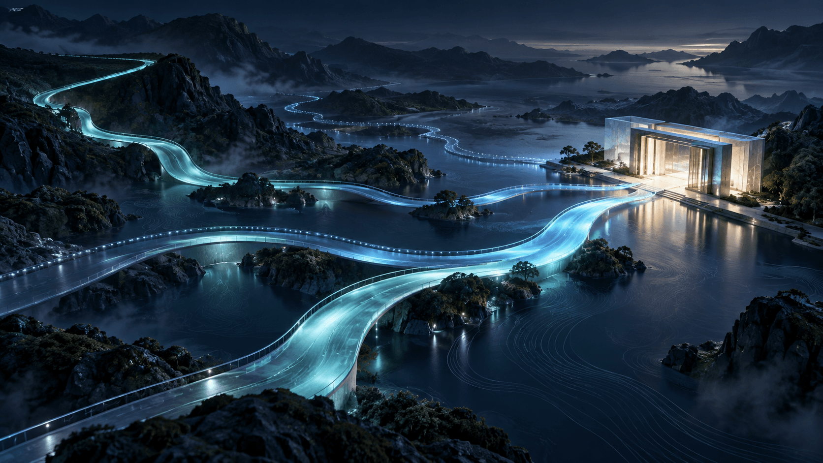 Glowing paths cross a dark landscape and meet at a modern building, representing routes from AI search insights to website action.