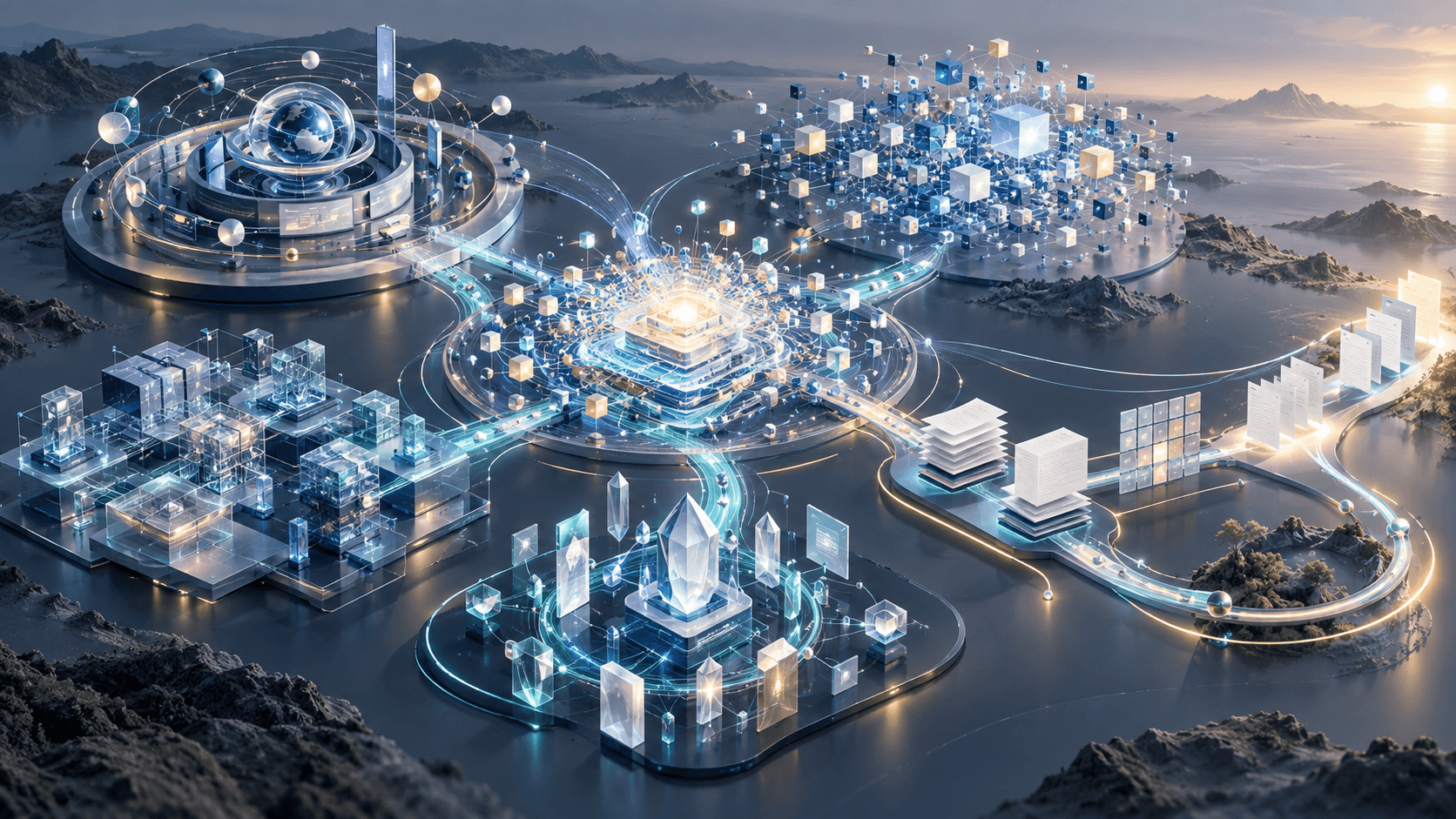Abstract network of AI-search signals branching into analytics, site systems and a publishing path.