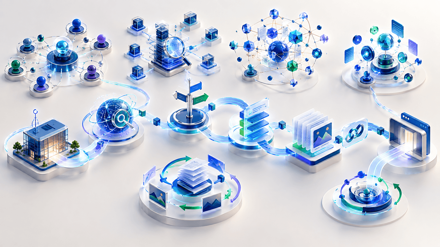 Sistemas abstractos de crecimiento SEO alrededor de una ruta conectada desde oportunidades del sitio hasta contenido planificado, enlaces internos y publicación.