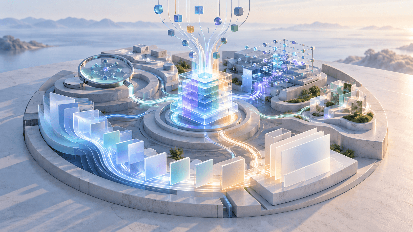 Abstract AI search system connecting agent analysis, source intelligence and planned website pages.