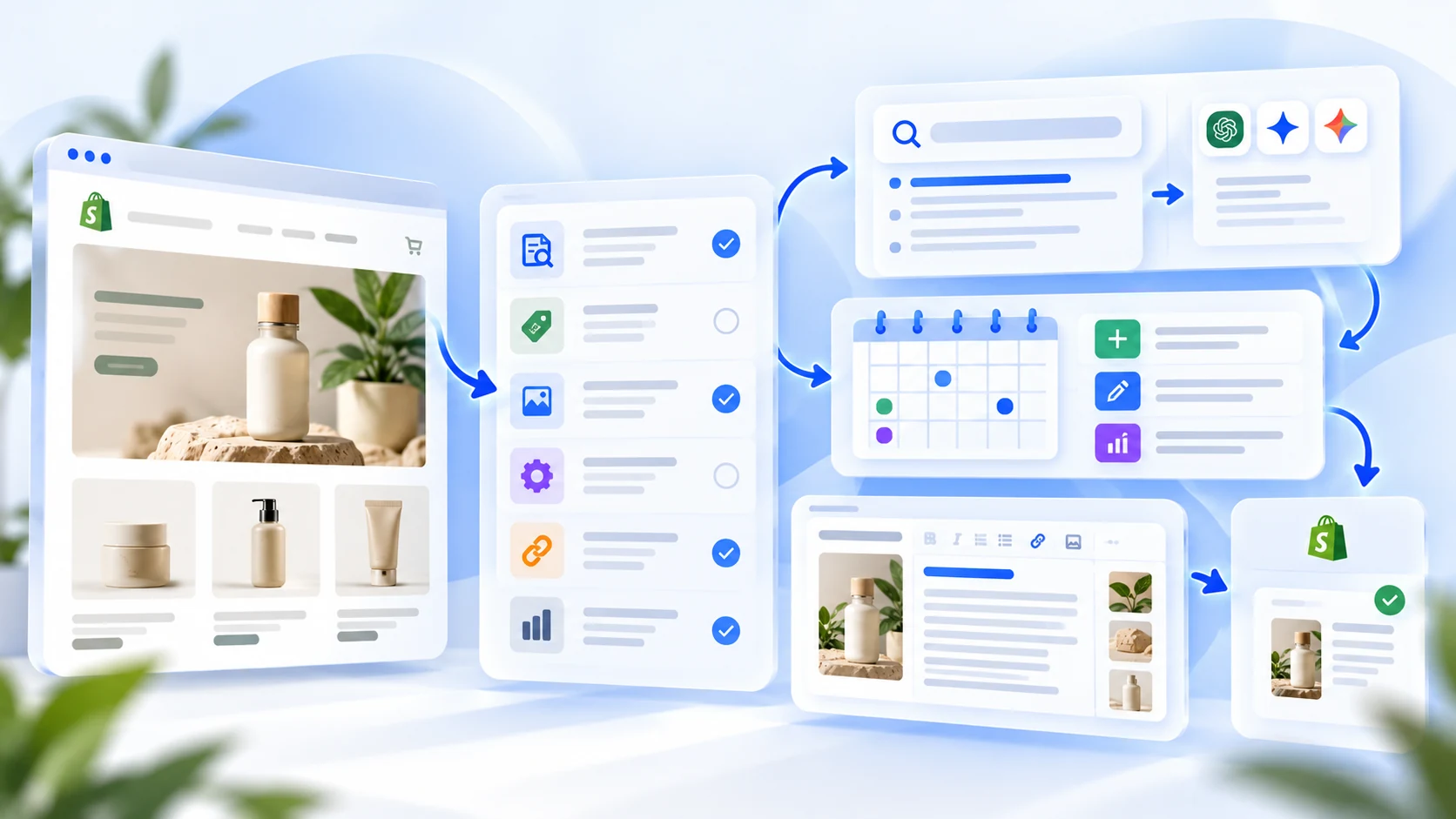 Conceptual illustration of a Shopify storefront, research signals and a content workflow for the StoreSEO alternatives guide.
