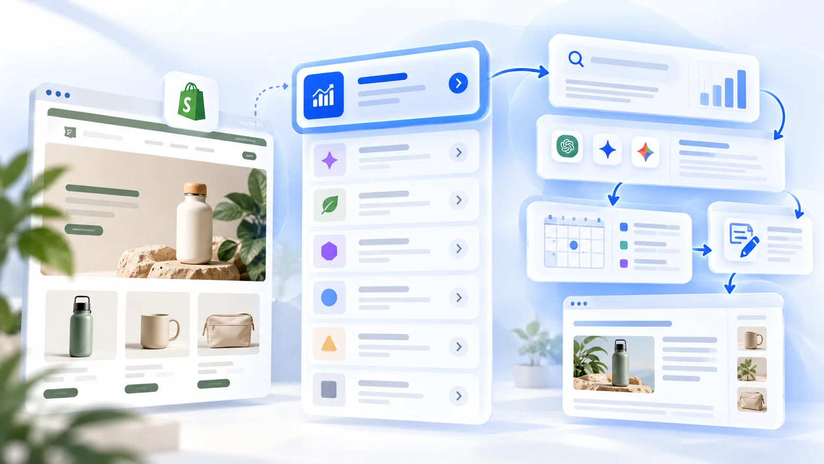 Conceptual illustration of a Shopify storefront, research signals and a content workflow for the Tapita alternatives guide.