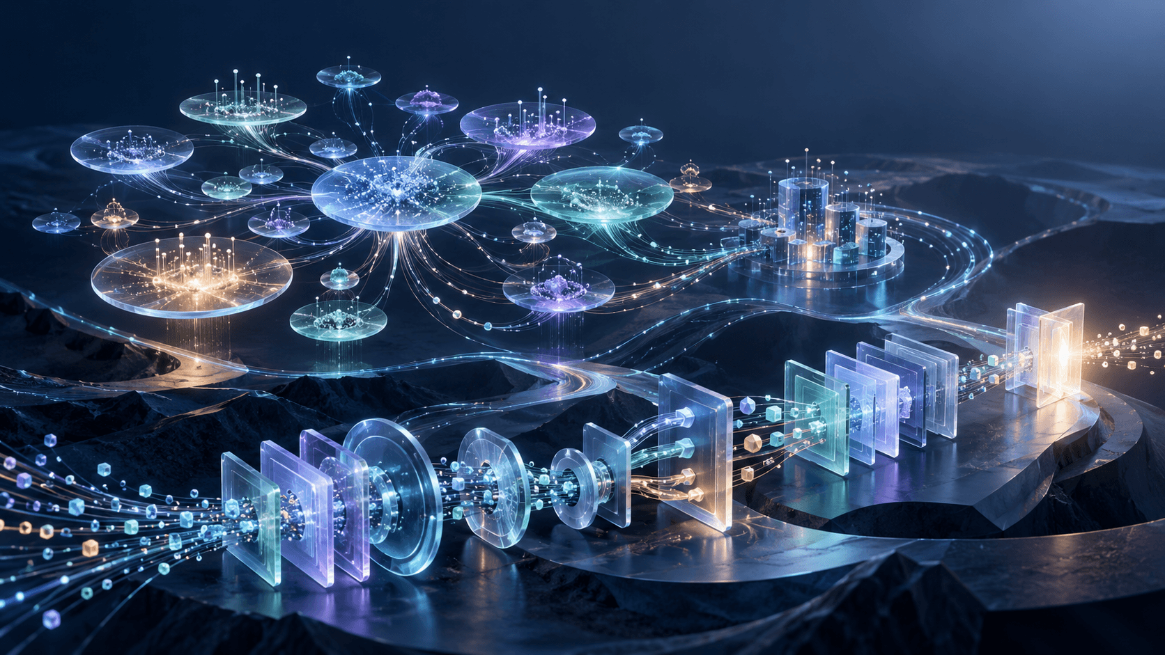 Abstract network of AI answer signals and sources alongside a connected sequence of website planning and publishing forms.