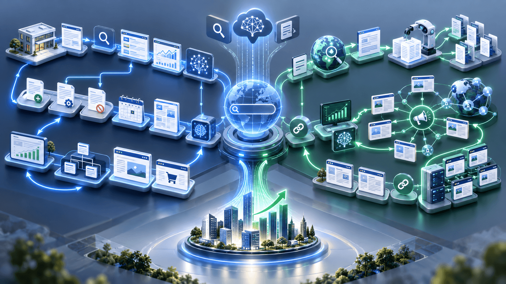 Two automated AI SEO systems comparing focused website planning with broader content, backlinks and distribution