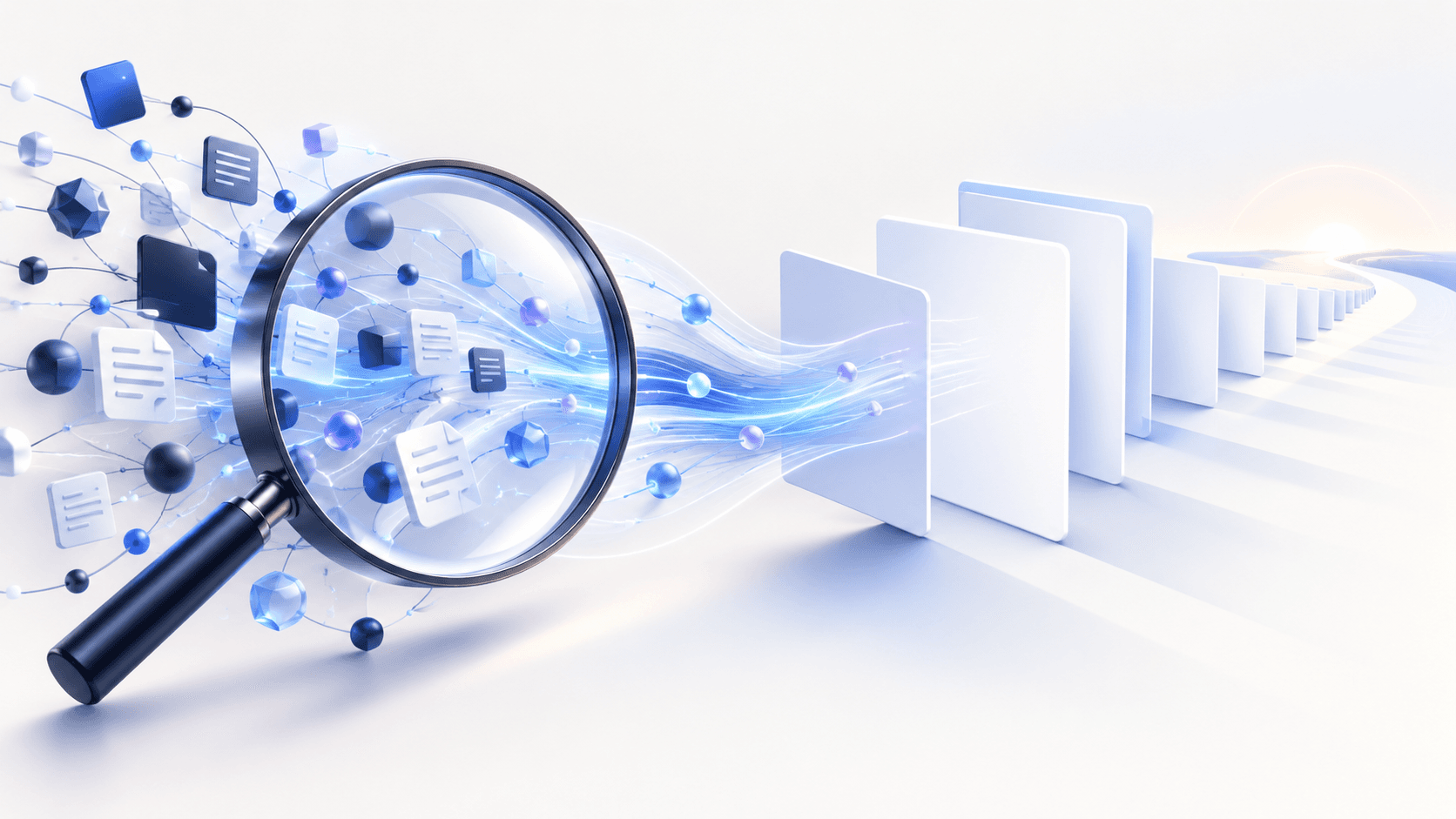 Abstract AI-search signals flowing from a magnifying lens into blank editorial pages.