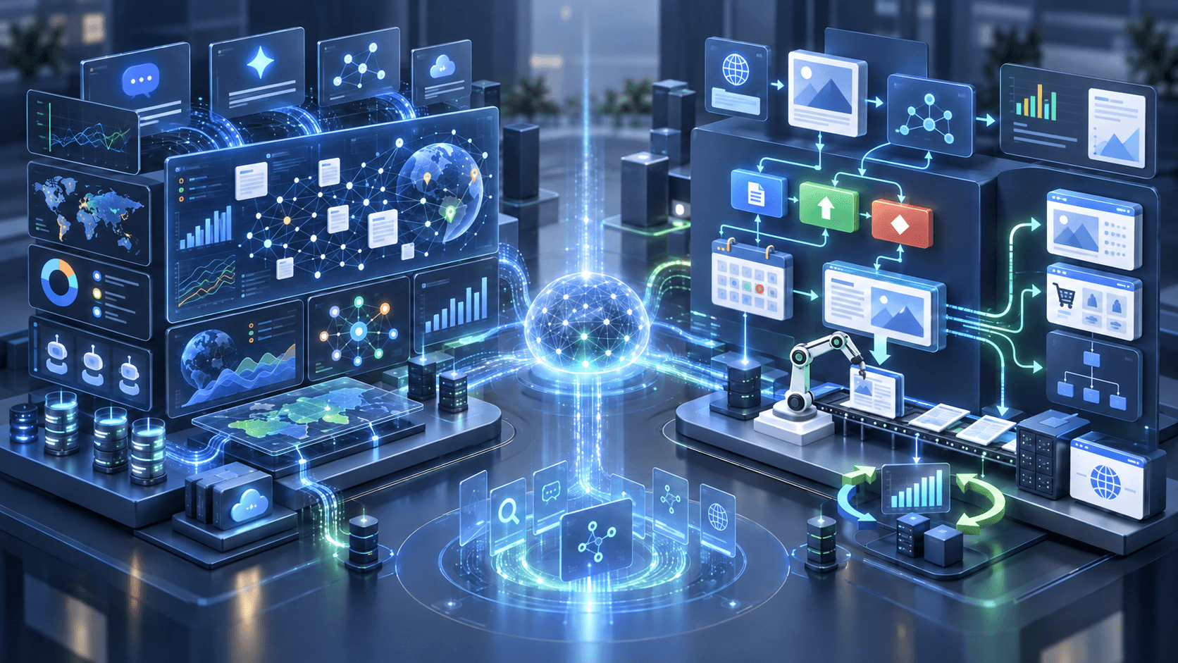 AI-search intelligence system connected to an automated website planning and publishing workflow