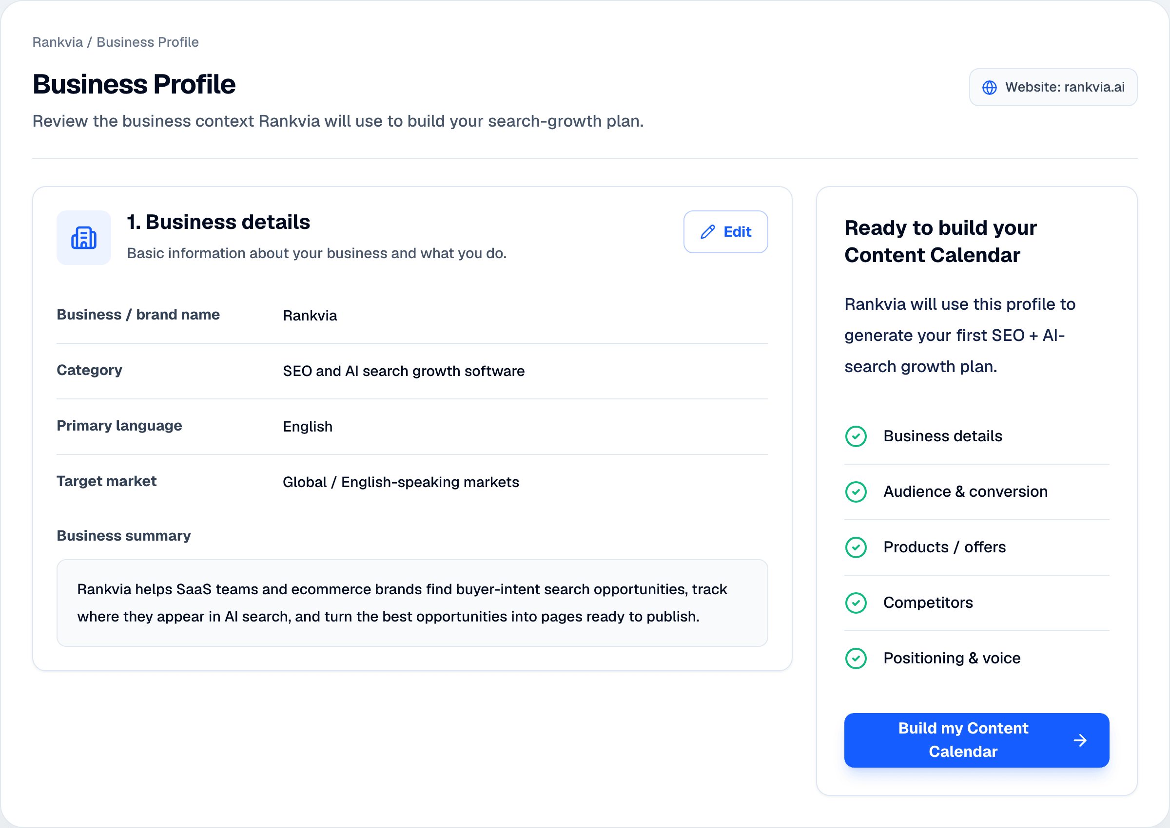 Rankvia Business Profile showing business details, structured context fields, and Content Calendar readiness.