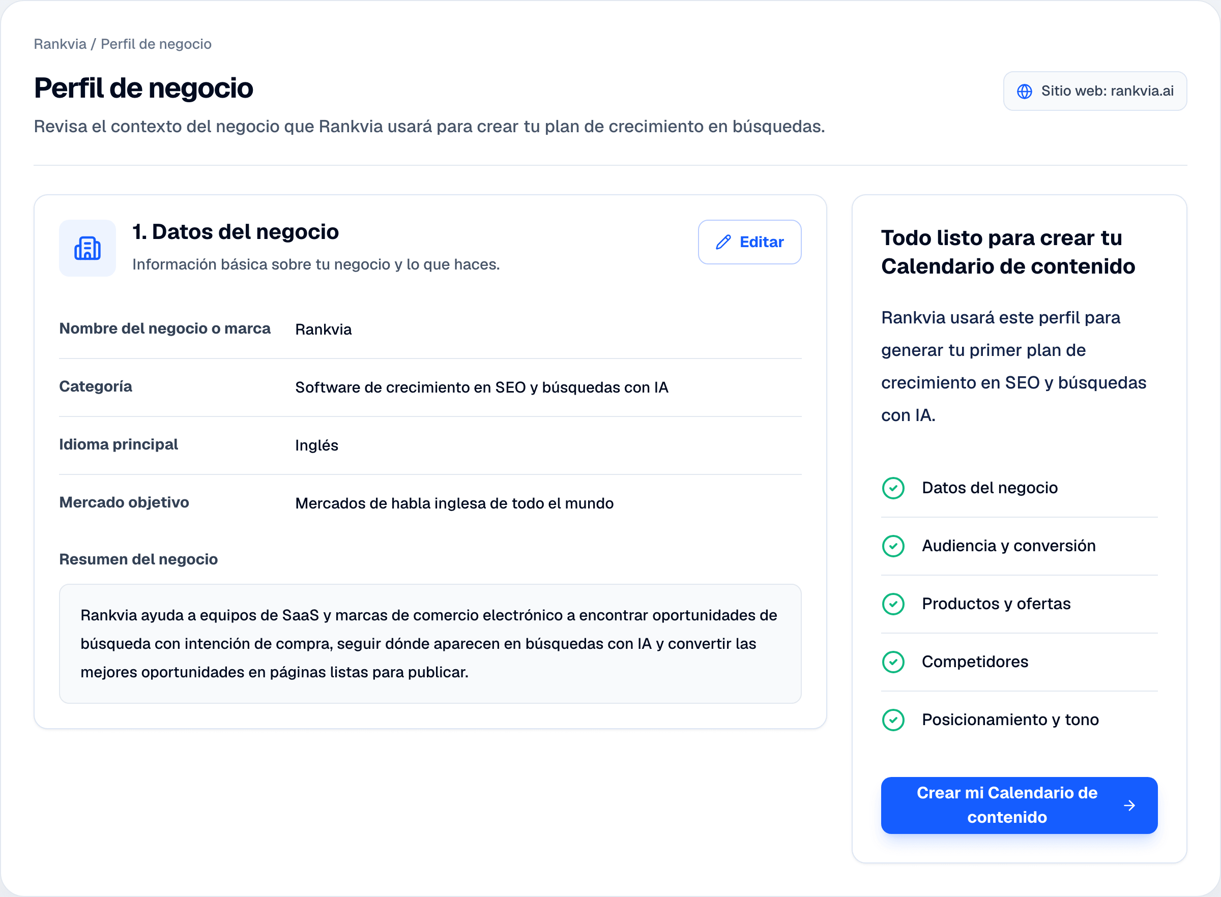 Perfil de negocio de Rankvia con datos de la empresa, campos de contexto y preparación del Calendario de contenido.