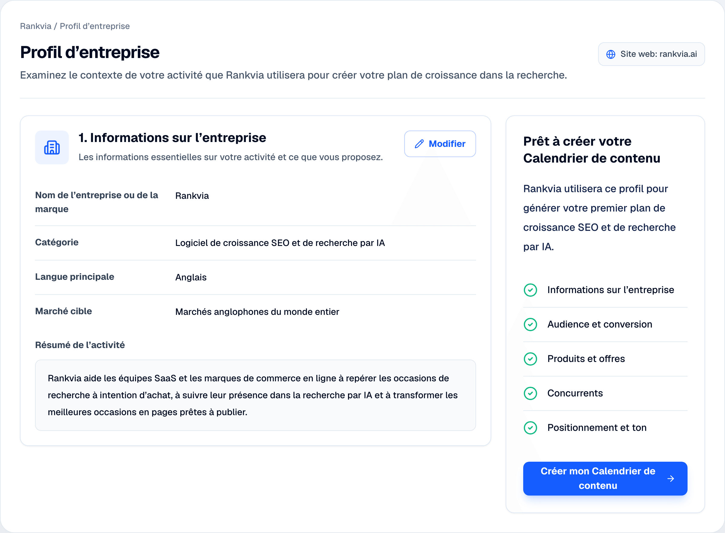 Profil d’entreprise Rankvia montrant les détails de l’activité, les champs de contexte et la préparation du Calendrier de contenu.
