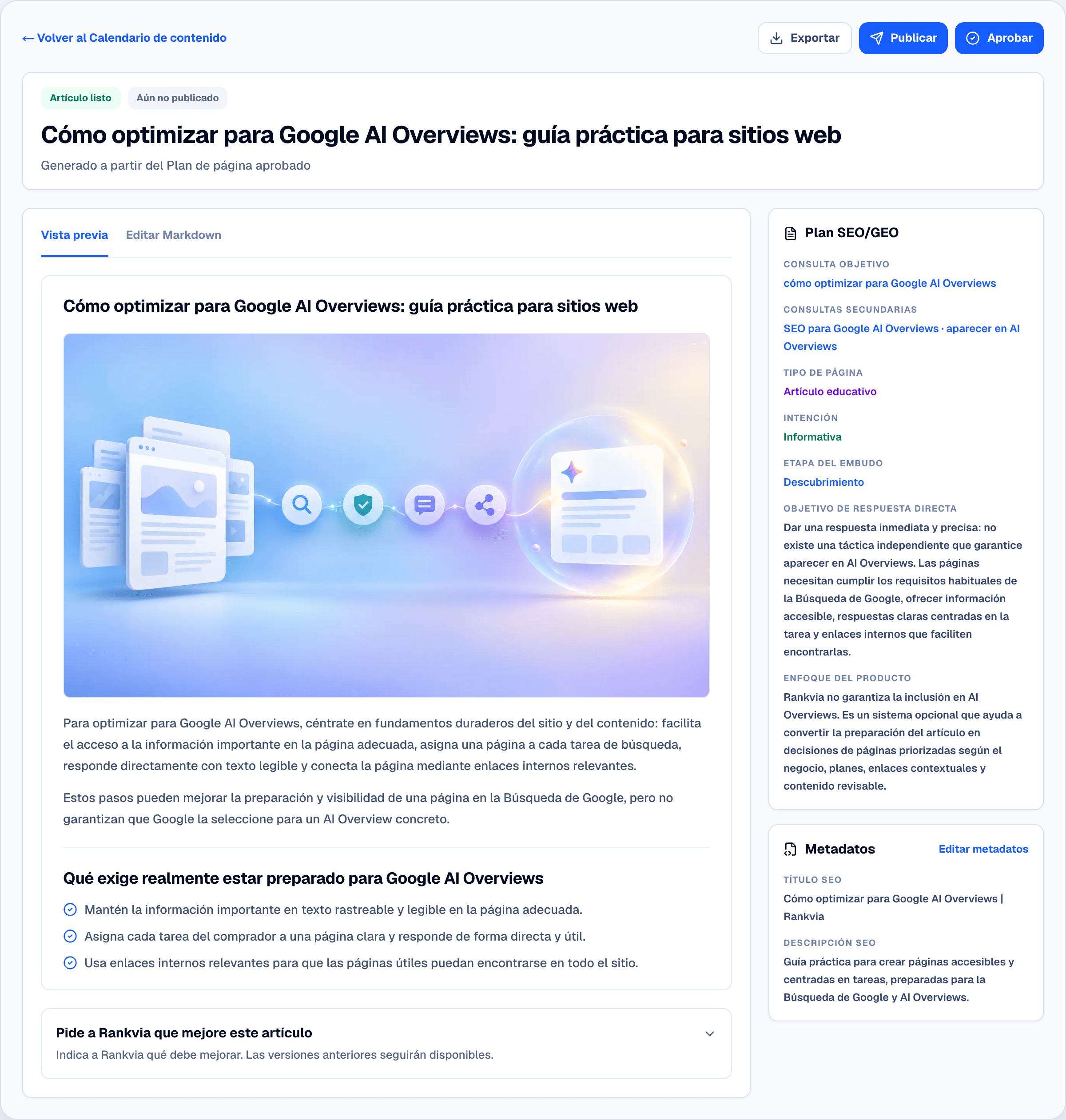 Vista previa de un artículo generado por Rankvia con controles de revisión y publicación.