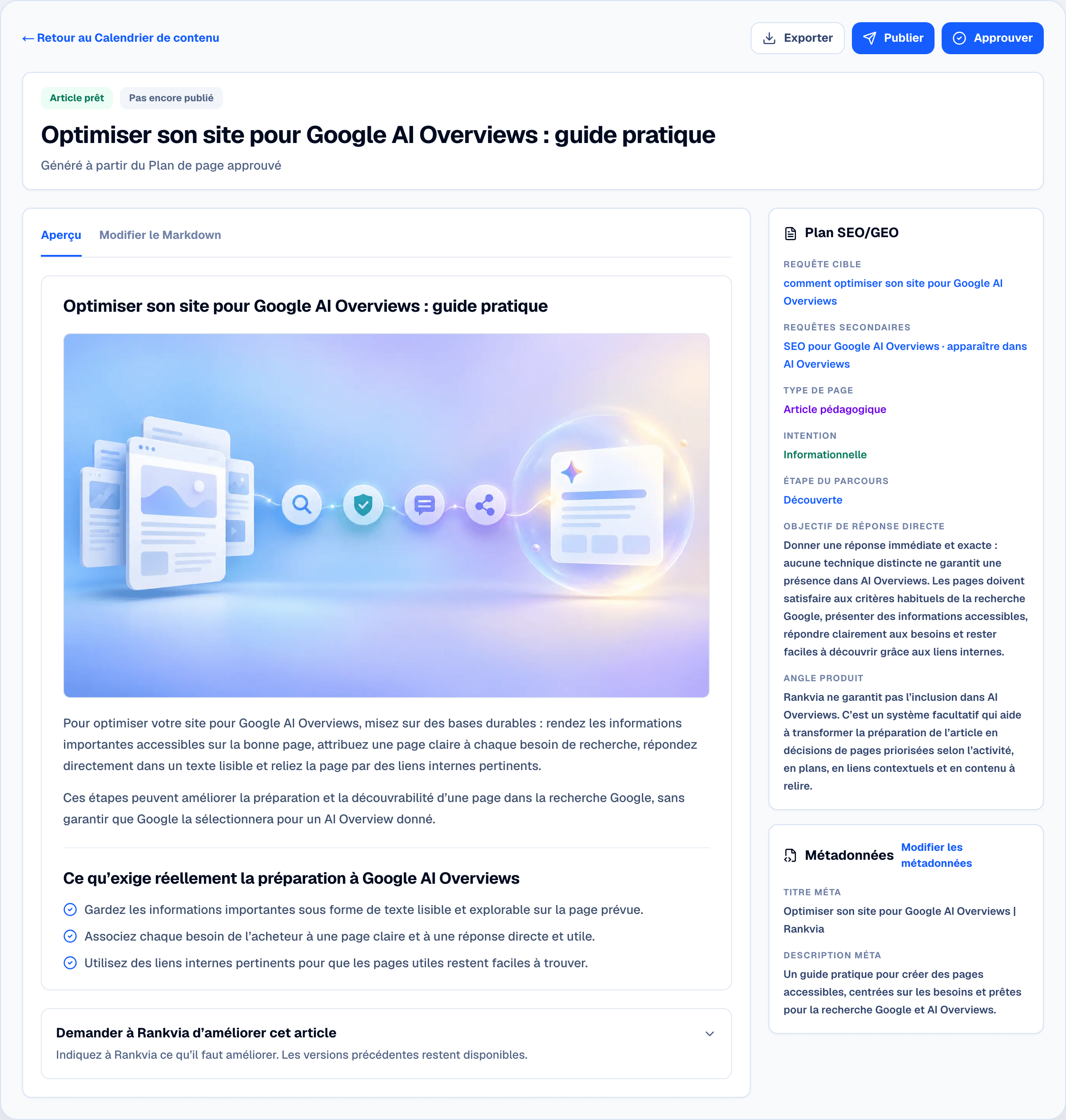 Aperçu d’un article Rankvia avec commandes de validation et de publication