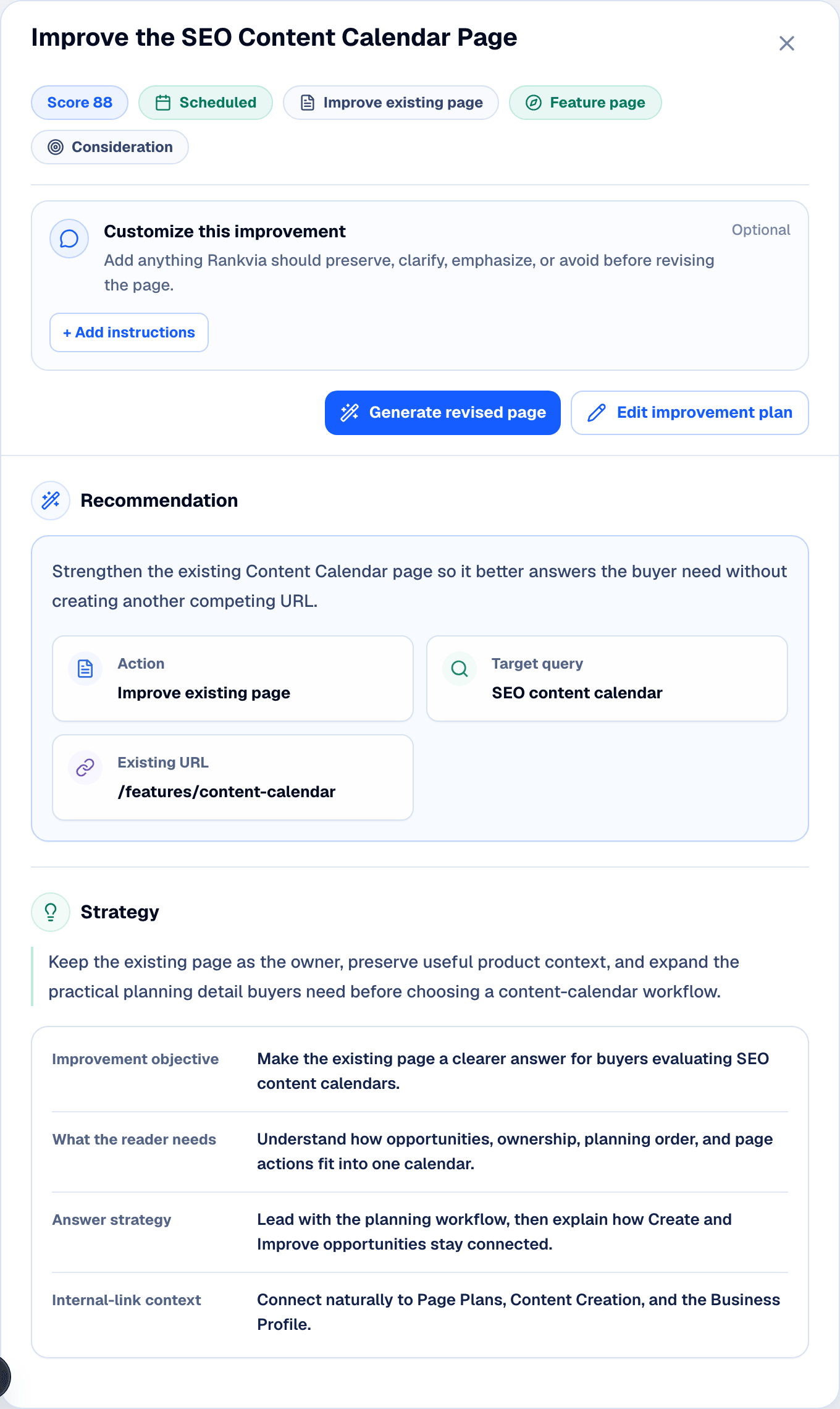 Rankvia Improvement Page Plan for an existing SEO Content Calendar page, showing the Improve action, existing URL, search need, and improvement strategy.