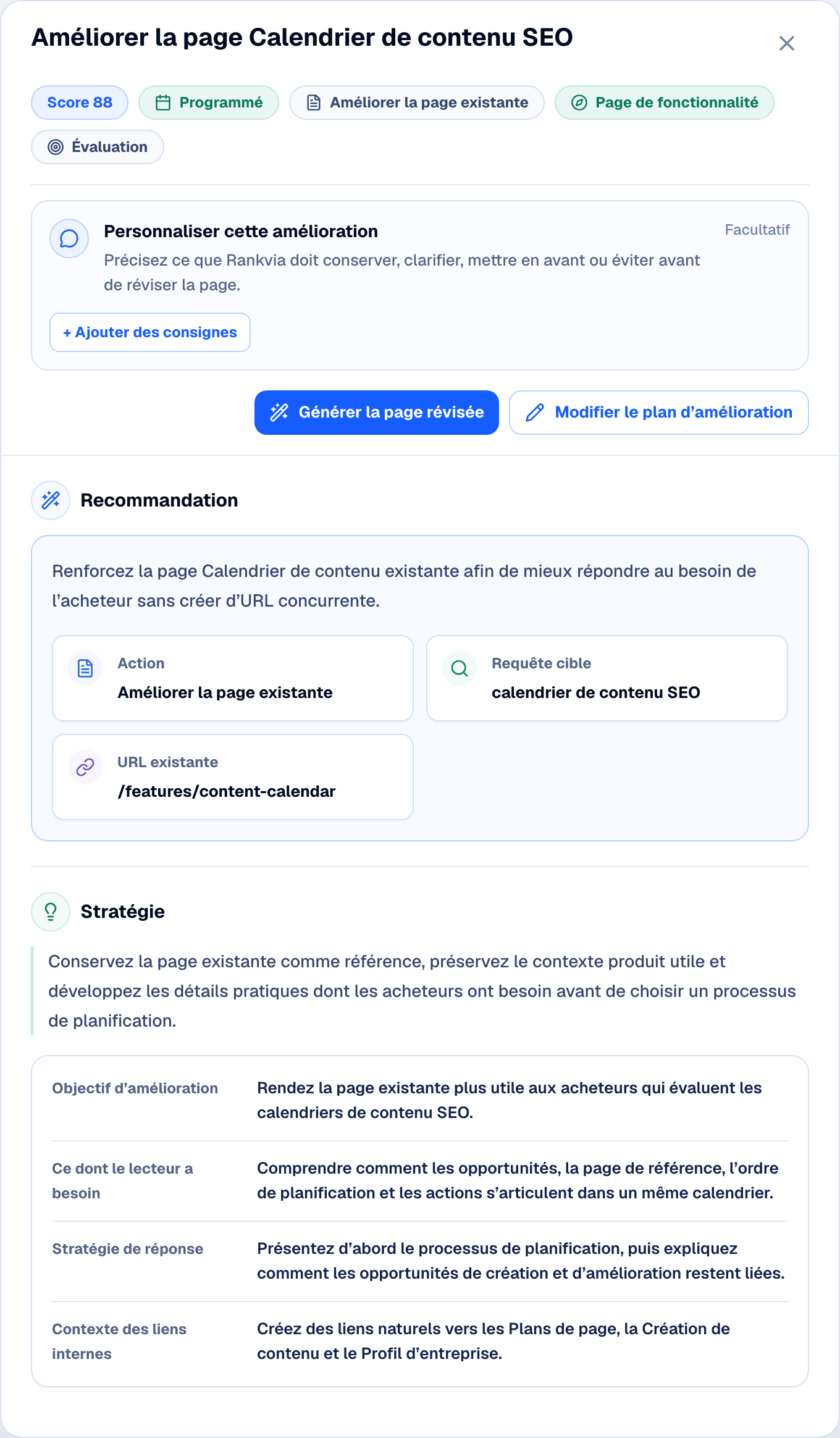 Plan d’amélioration de page Rankvia pour une page existante du Calendrier de contenu SEO, avec URL, besoin de recherche et stratégie.
