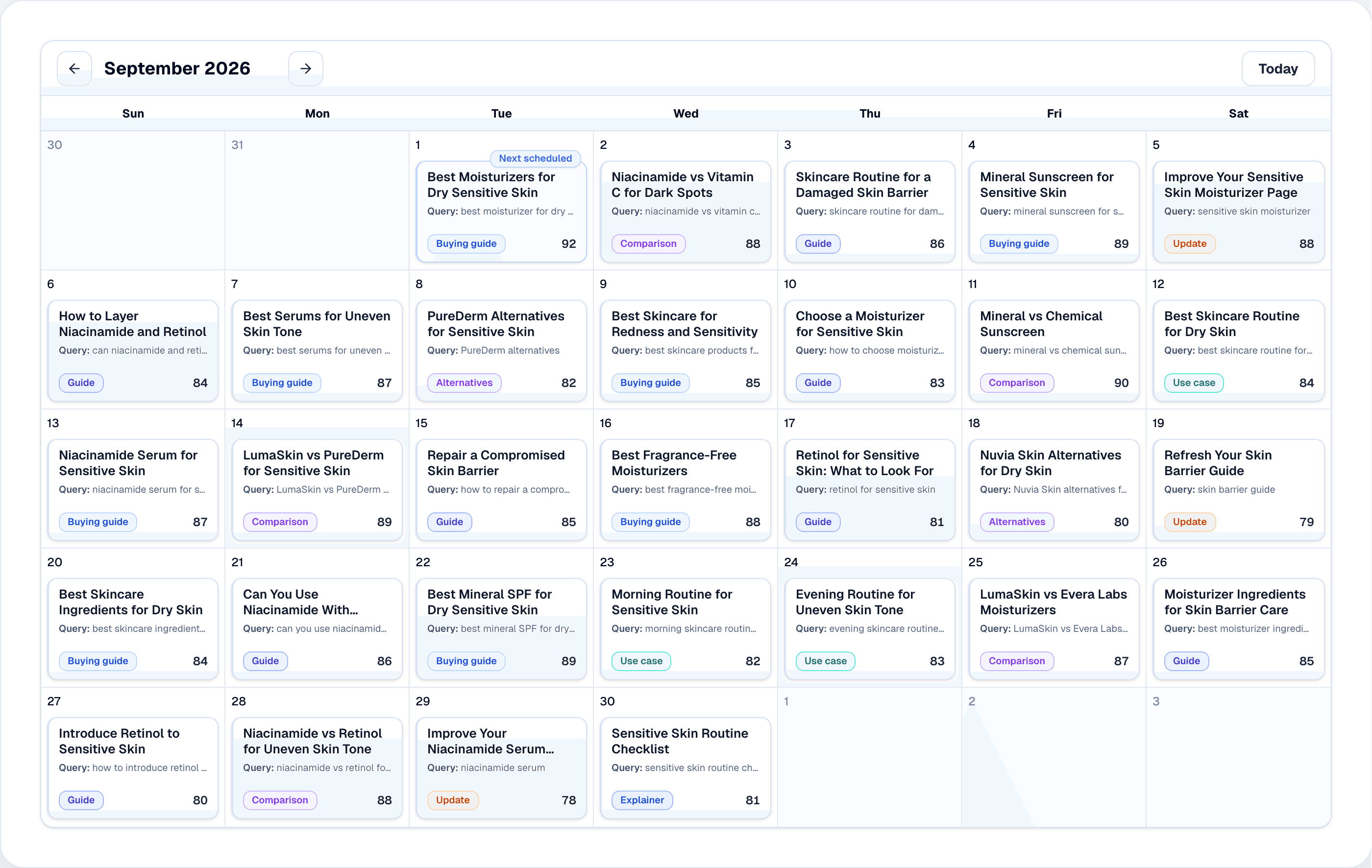 Rankvia Content Calendar with sample ecommerce topics and planned page work.
