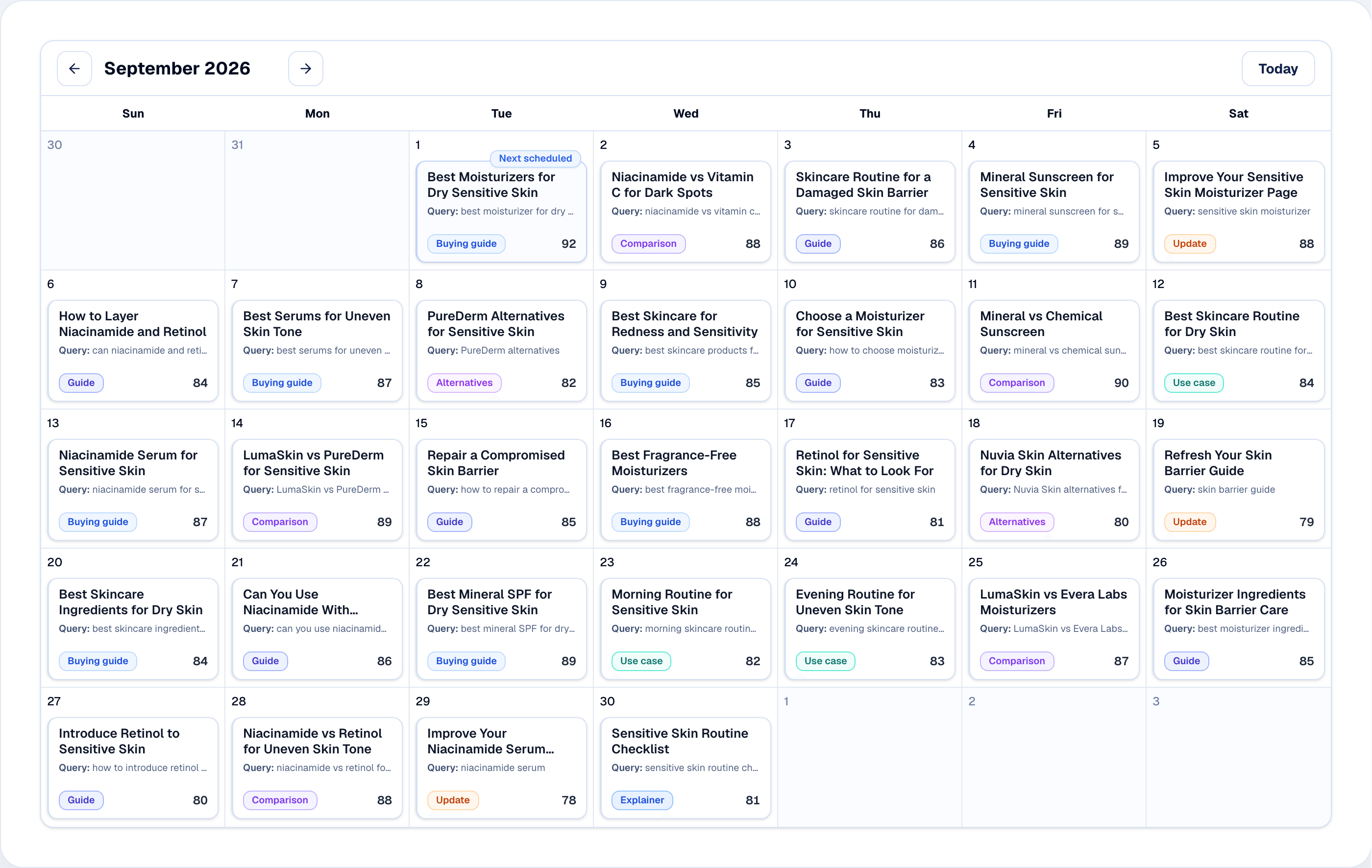 Rankvia Content Calendar for LumaSkin showing a complete ecommerce Search Growth Plan.