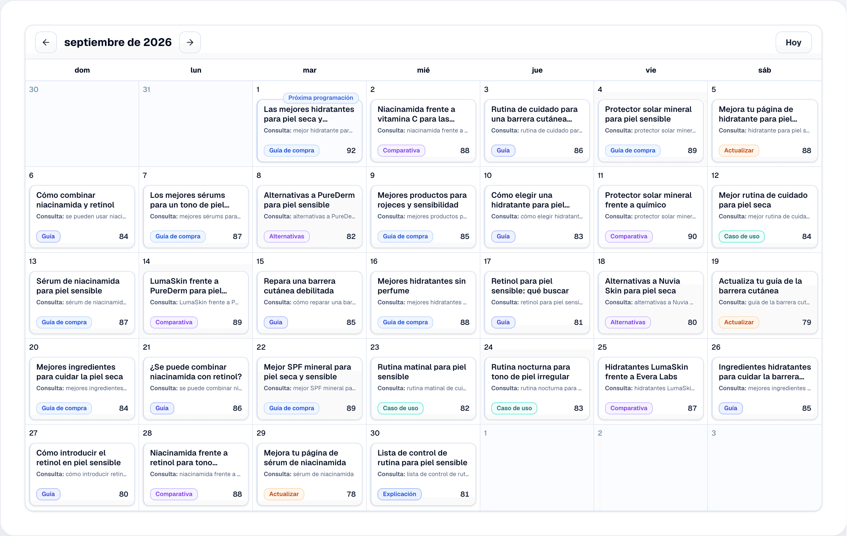 Calendario de contenido de Rankvia con temas de ejemplo y tareas editoriales planificadas.