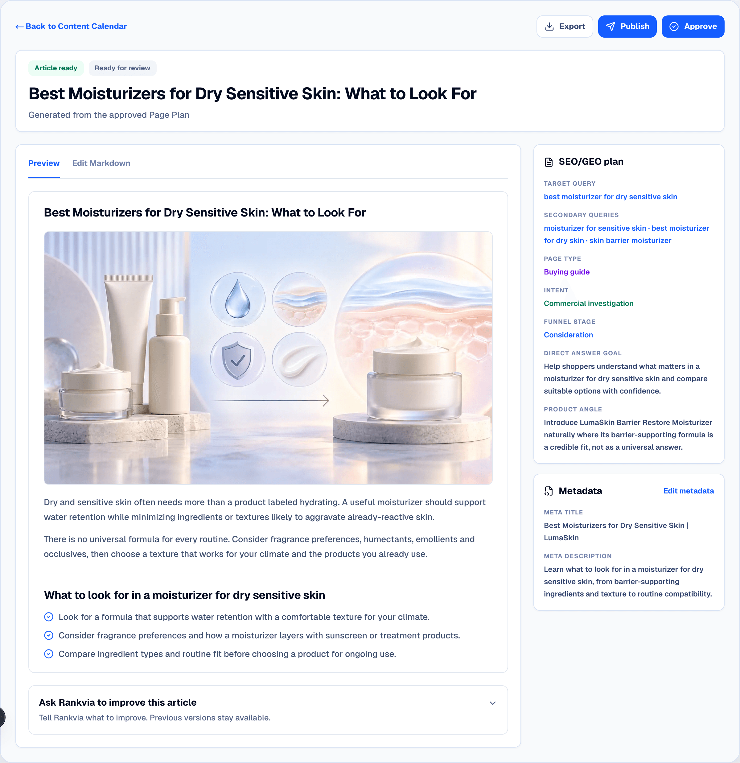 Rankvia editor showing LumaSkin's generated moisturizer buying guide ready to review.