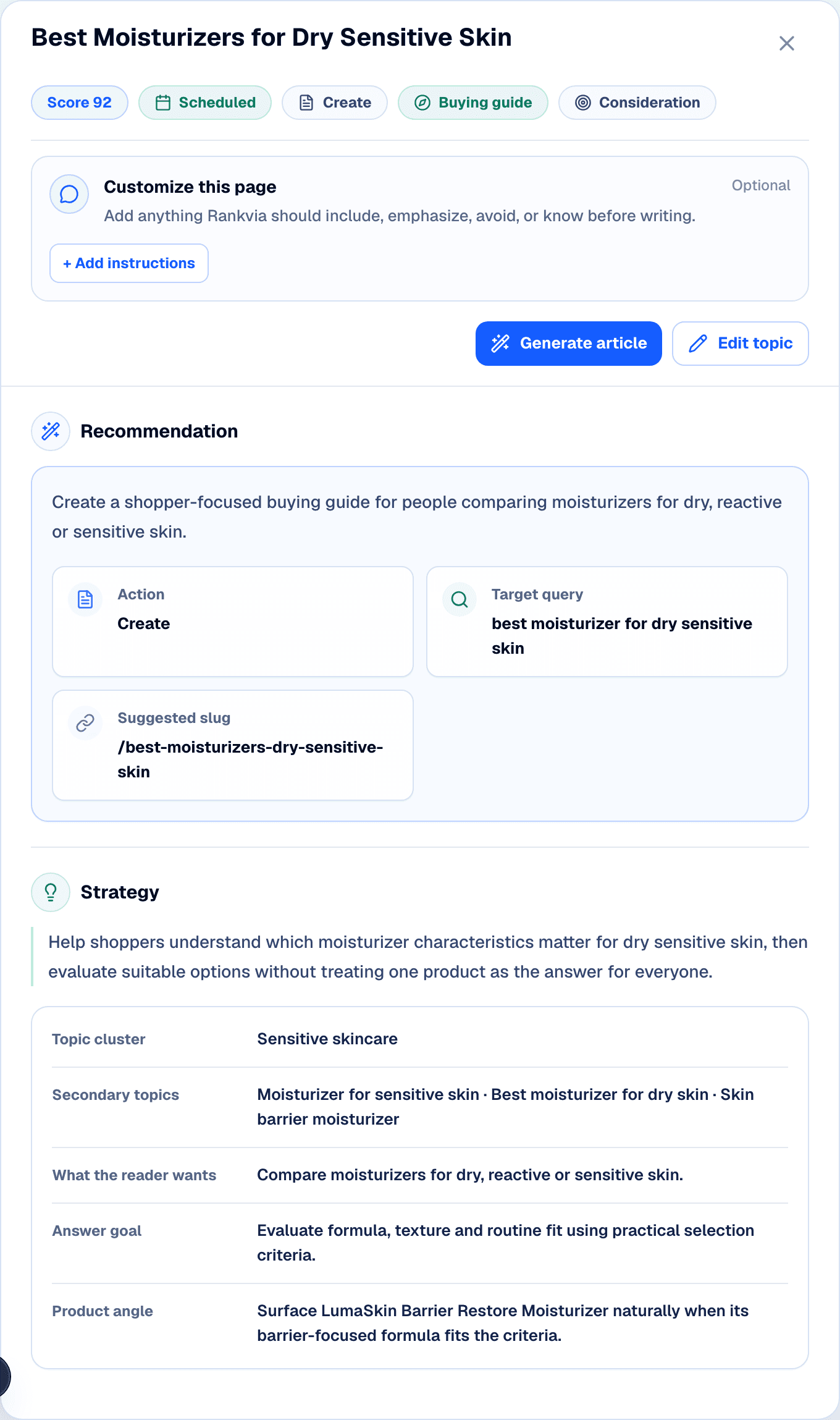 Rankvia Page Plan example showing a planned ecommerce article before generation.