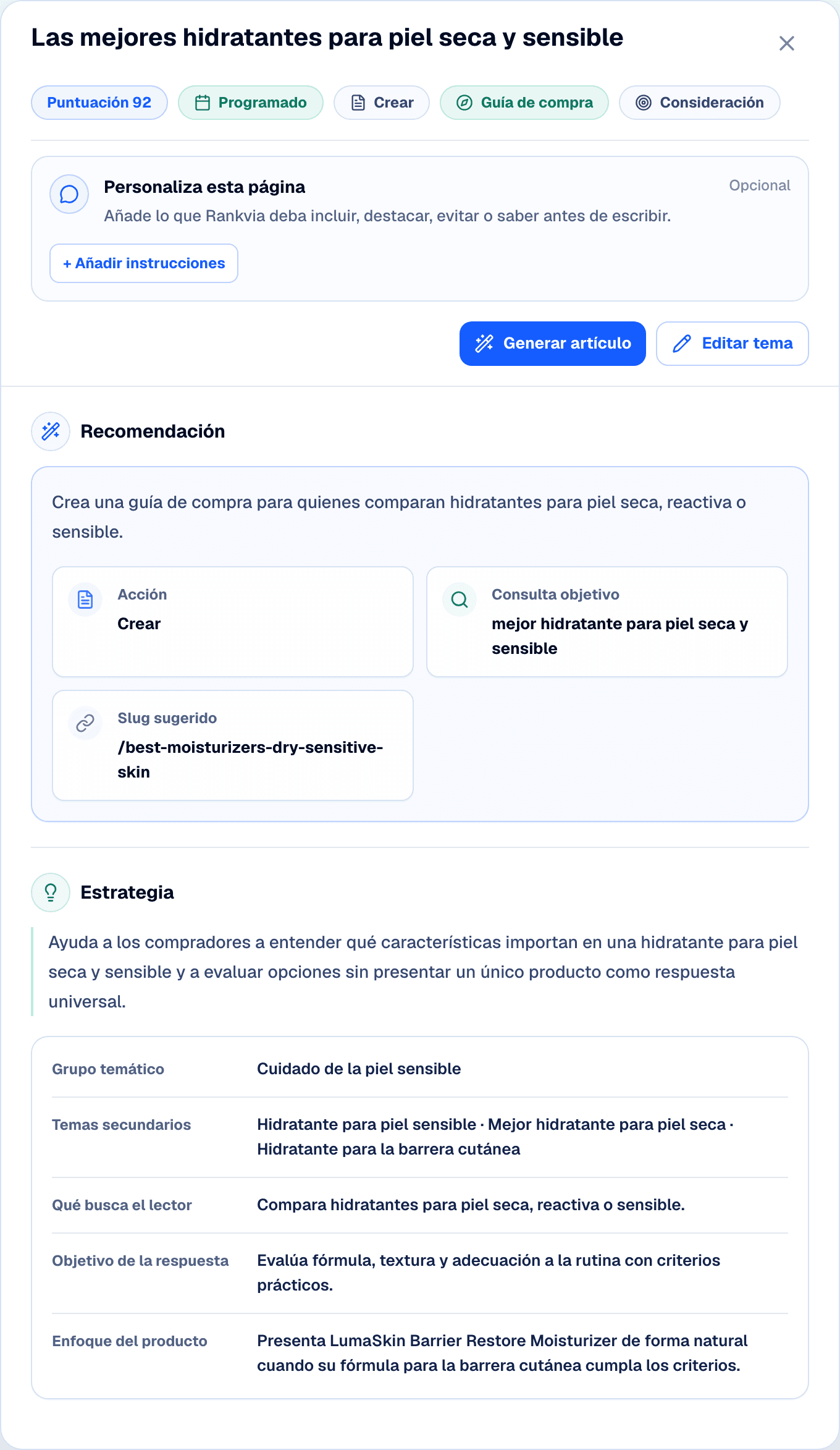 Plan de página de Rankvia con una recomendación y su estrategia antes de generar contenido.