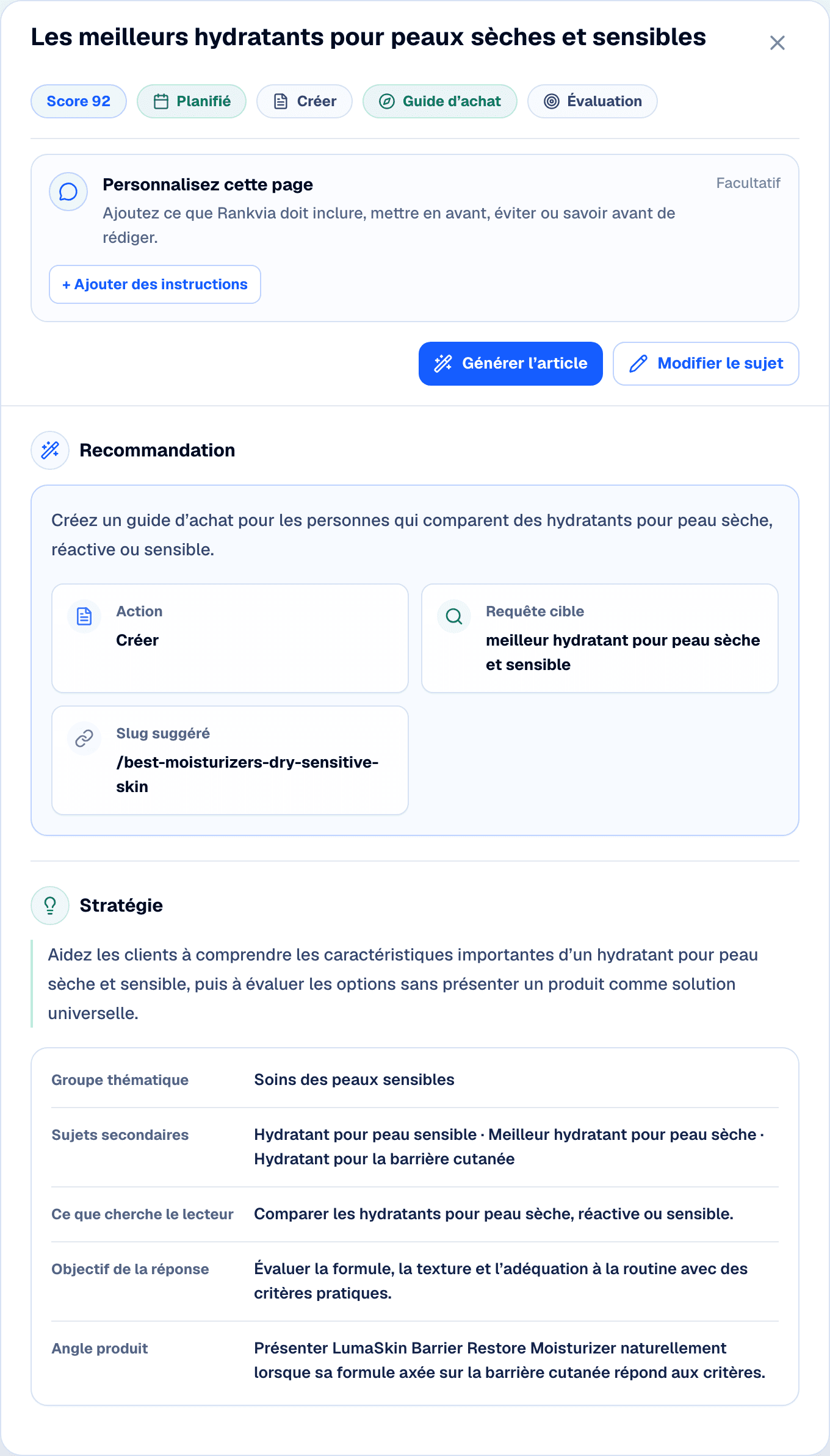 Plan de page Rankvia présentant une recommandation et sa stratégie avant la génération.