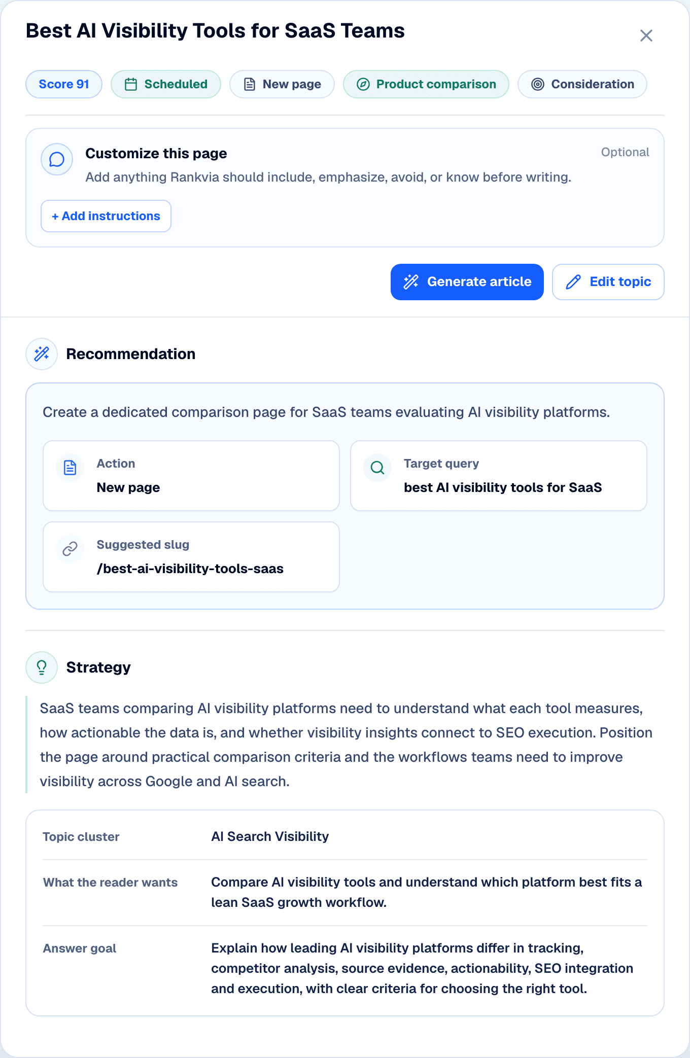 Rankvia Page Plan leading to generated content and review or publishing