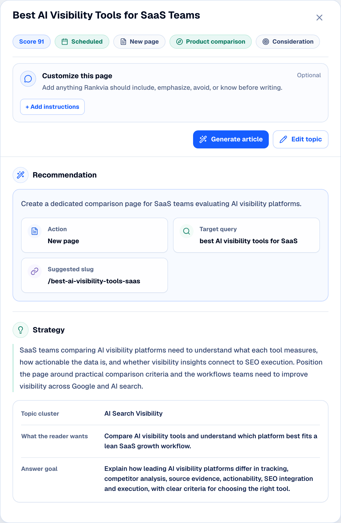 Rankvia Page Plan detailing the objective and content strategy for a selected opportunity.