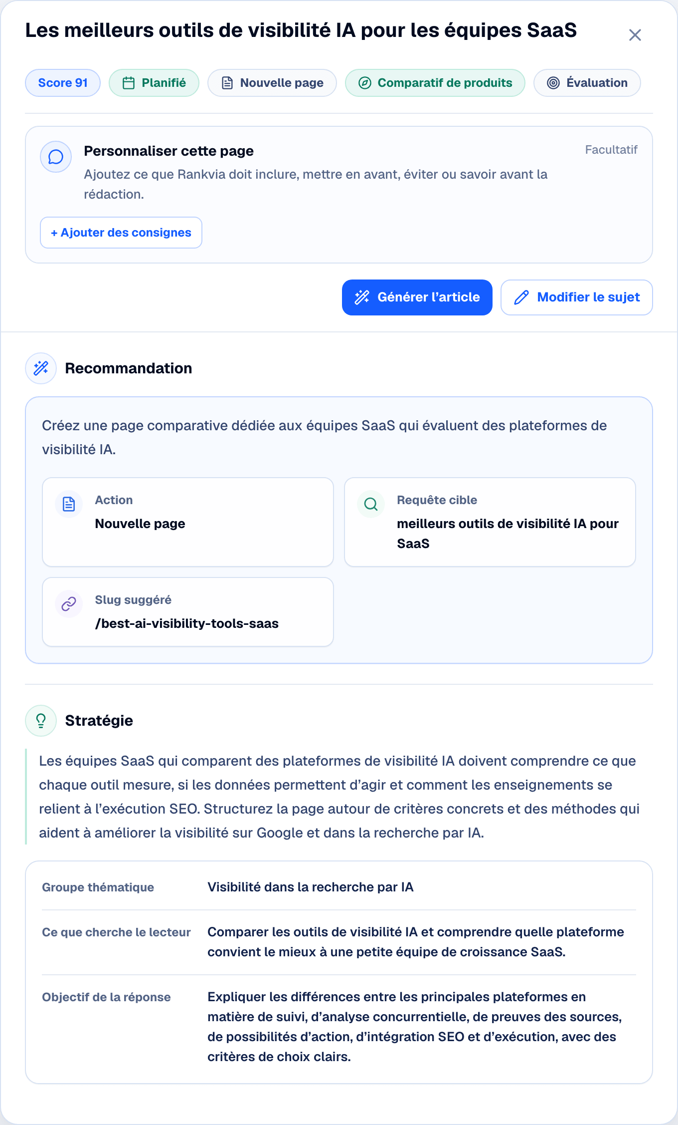 Plan de page Rankvia présentant la stratégie d’une opportunité SEO sélectionnée