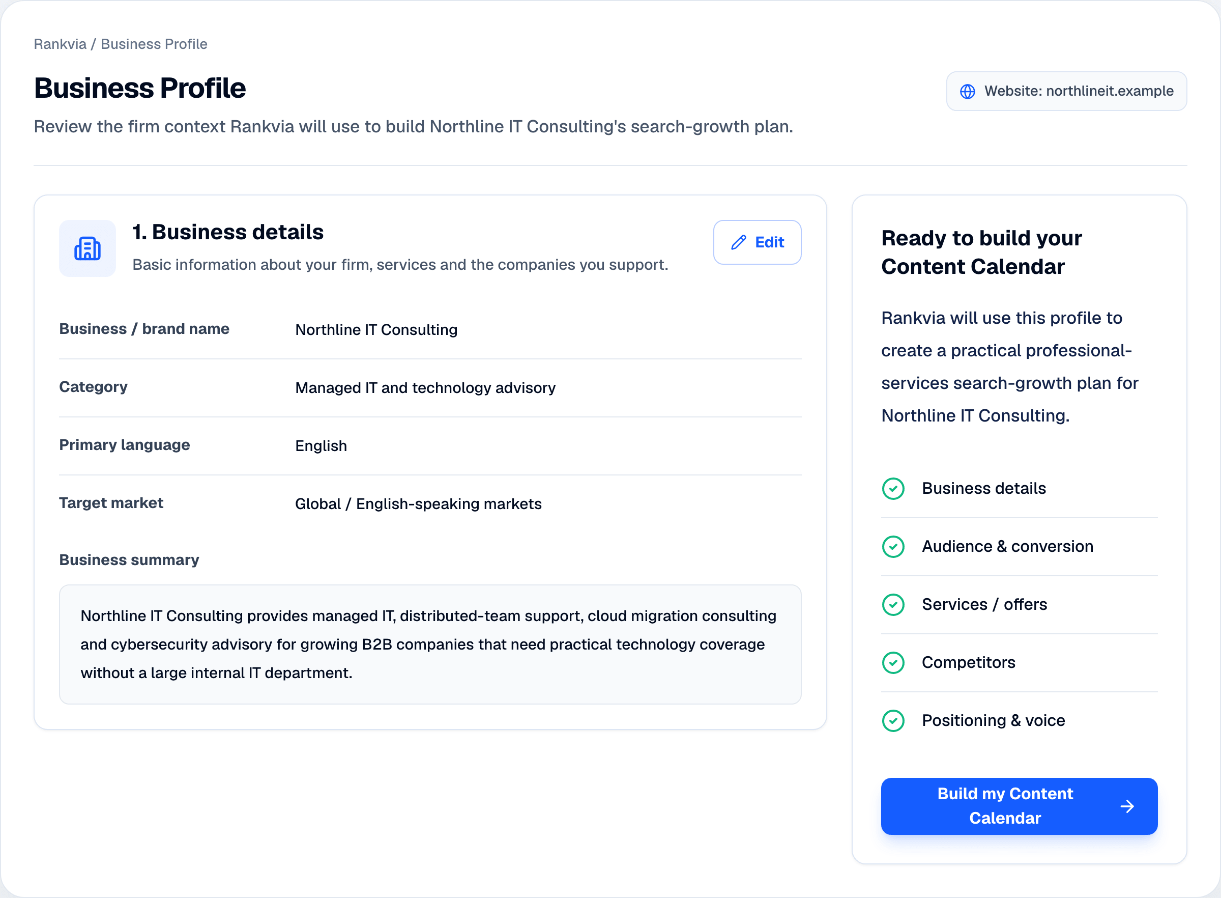 Rankvia Business Profile for Northline IT Consulting showing managed IT and advisory business context.