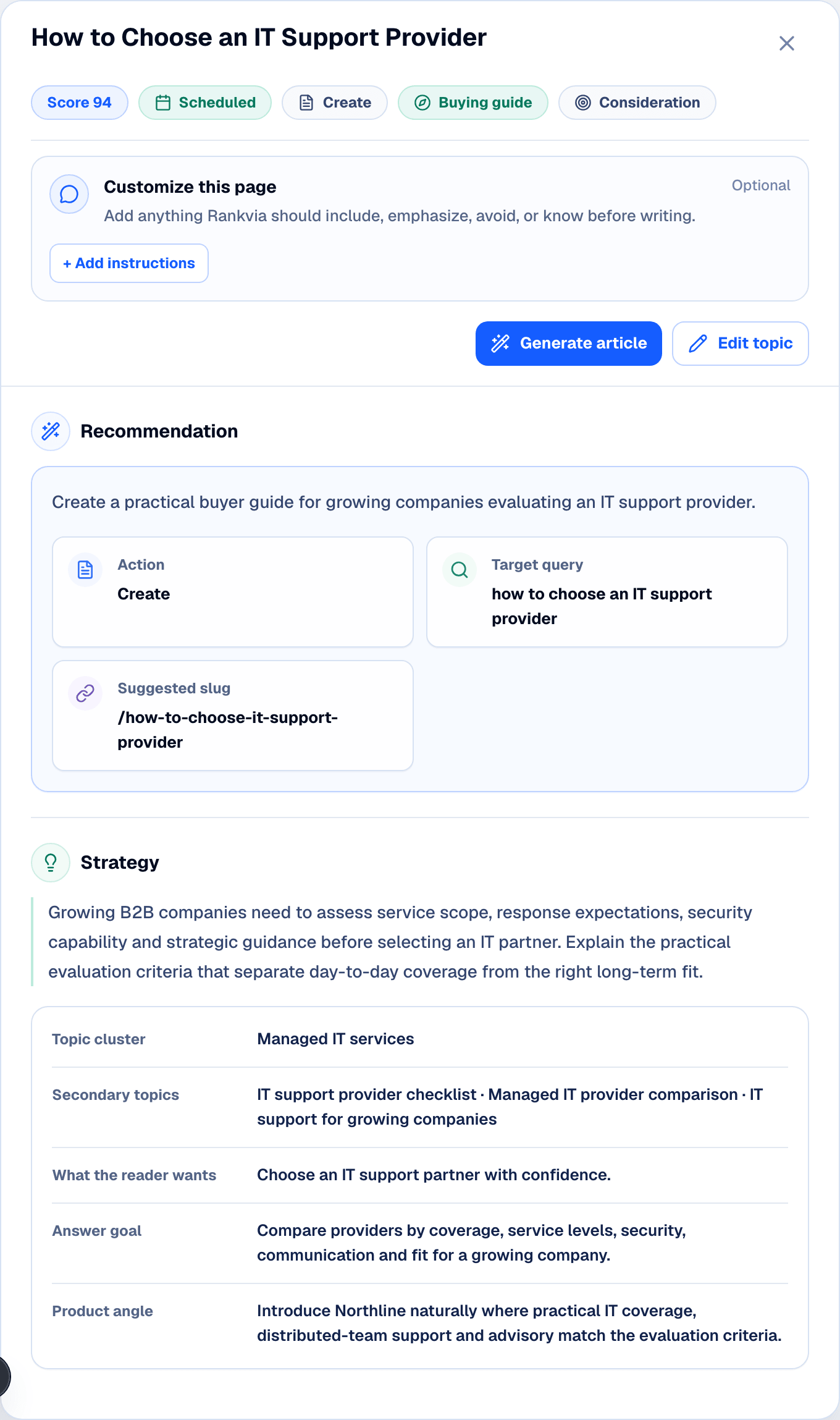 Rankvia Page Plan for Northline IT Consulting's How to Choose an IT Support Provider buying guide.